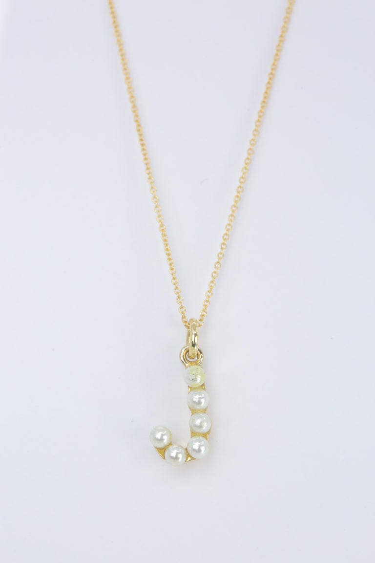 14K Gold and Pearl Initial Letter J Necklace For Sale at 1stDibs