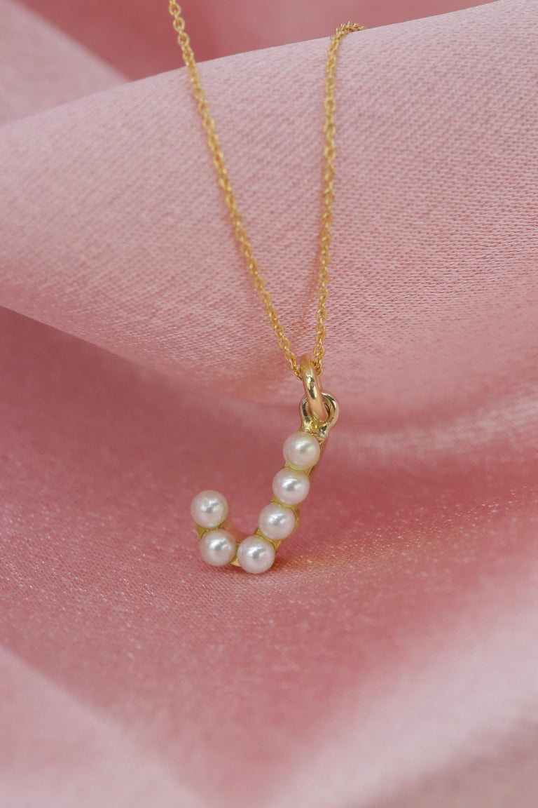 14K Gold and Pearl Initial Letter J Necklace For Sale at 1stDibs