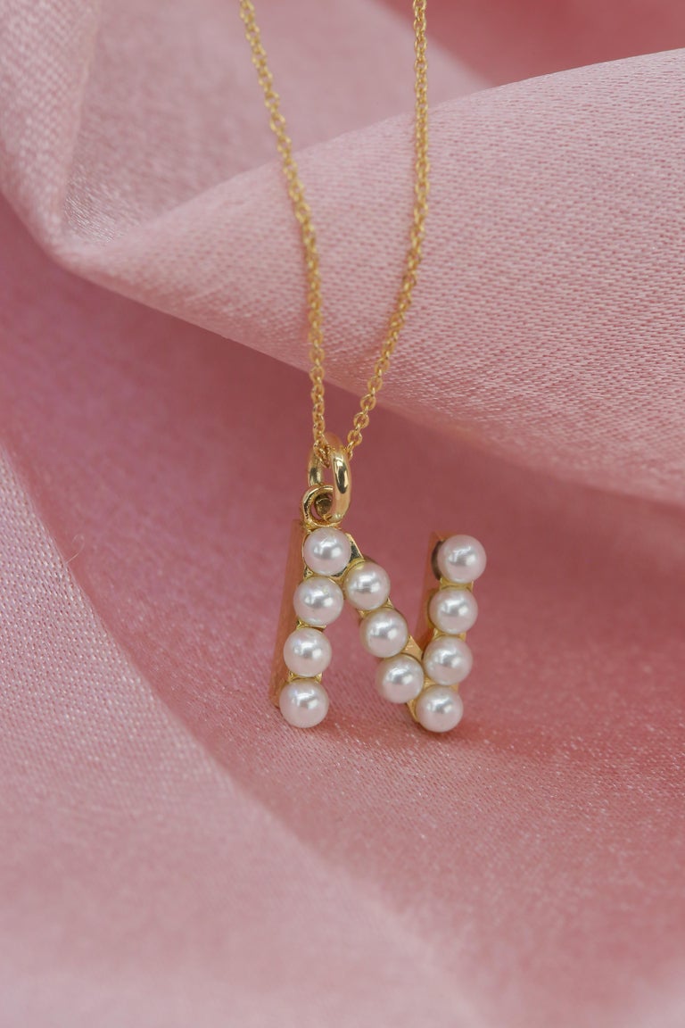 14K Gold and Pearl Initial Letter 'N' Necklace For Sale at 1stDibs