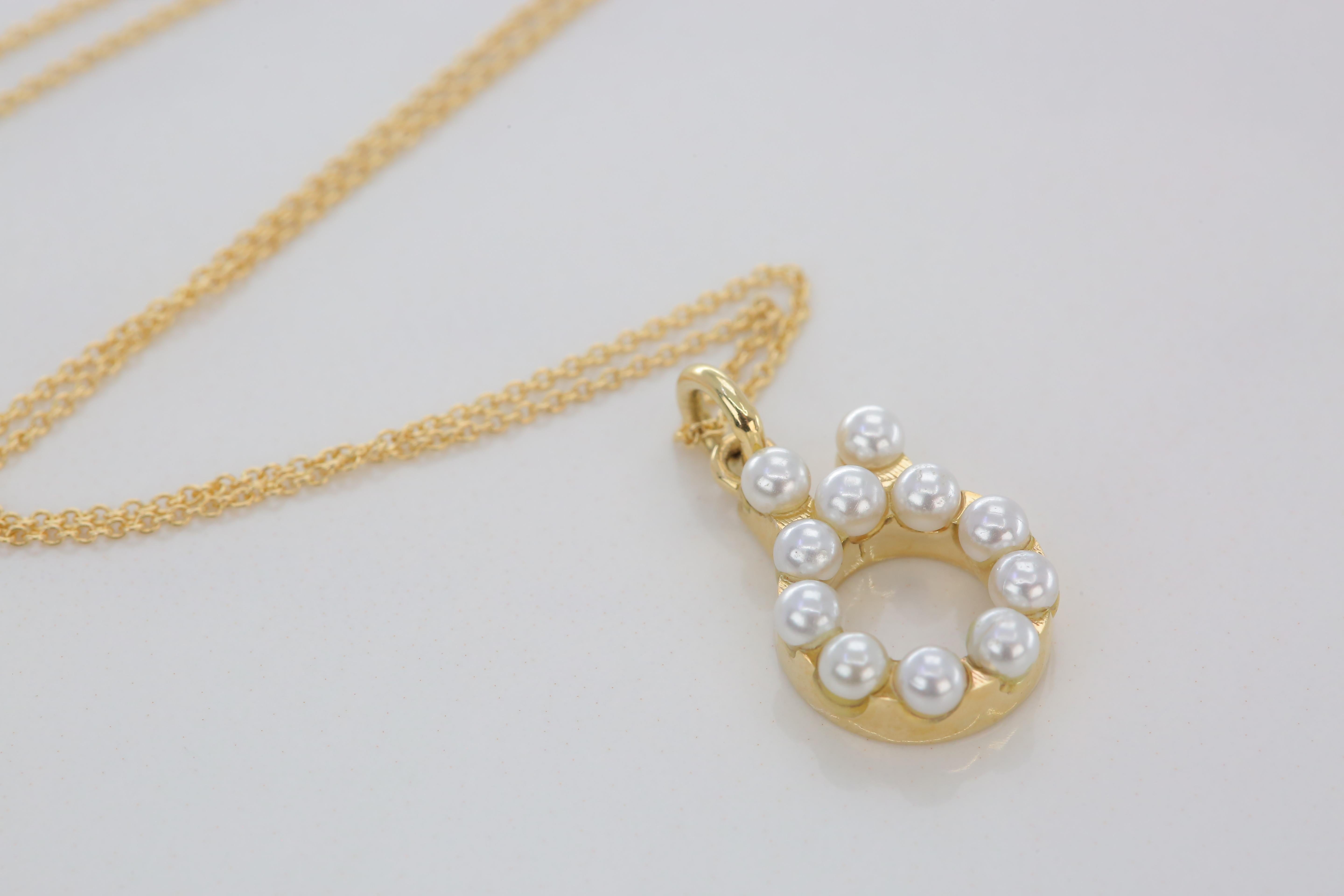 Round Cut 14K Gold and Pearl Initial Letter Ö Necklace For Sale