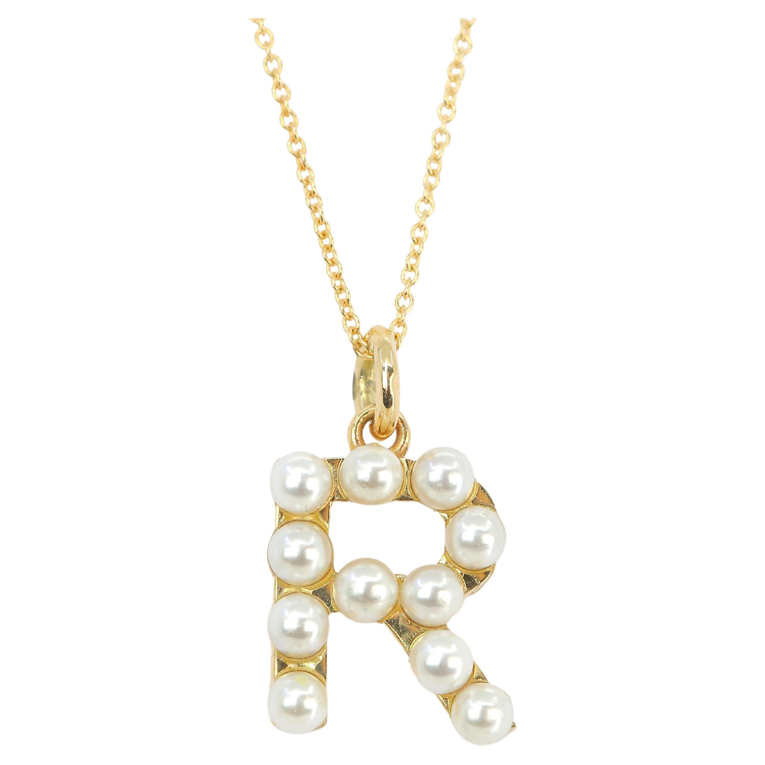 14K Gold and Pearl Initial Letter R Necklace