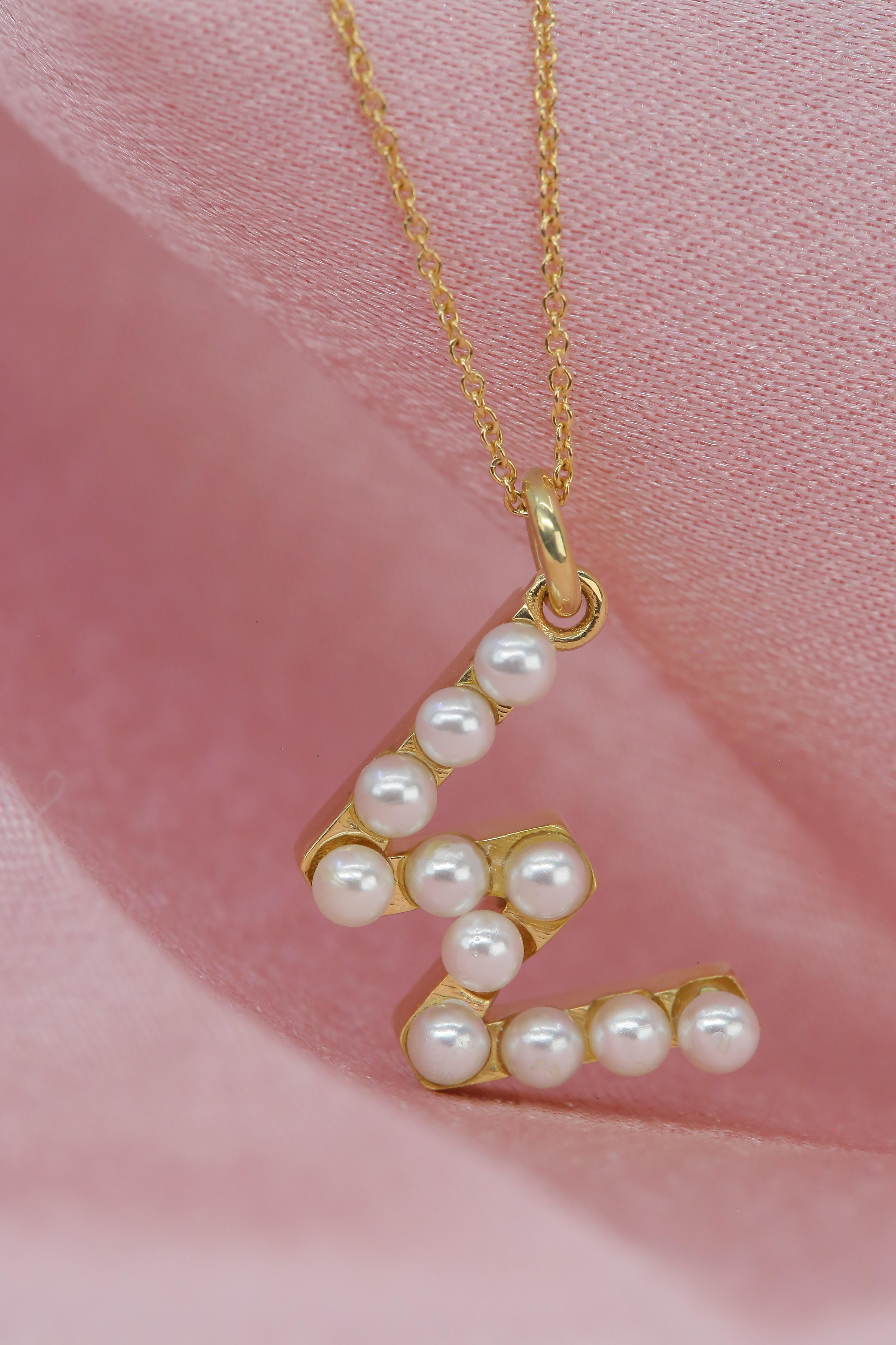 Round Cut 14K Gold and Pearl Initial Letter W Necklace For Sale