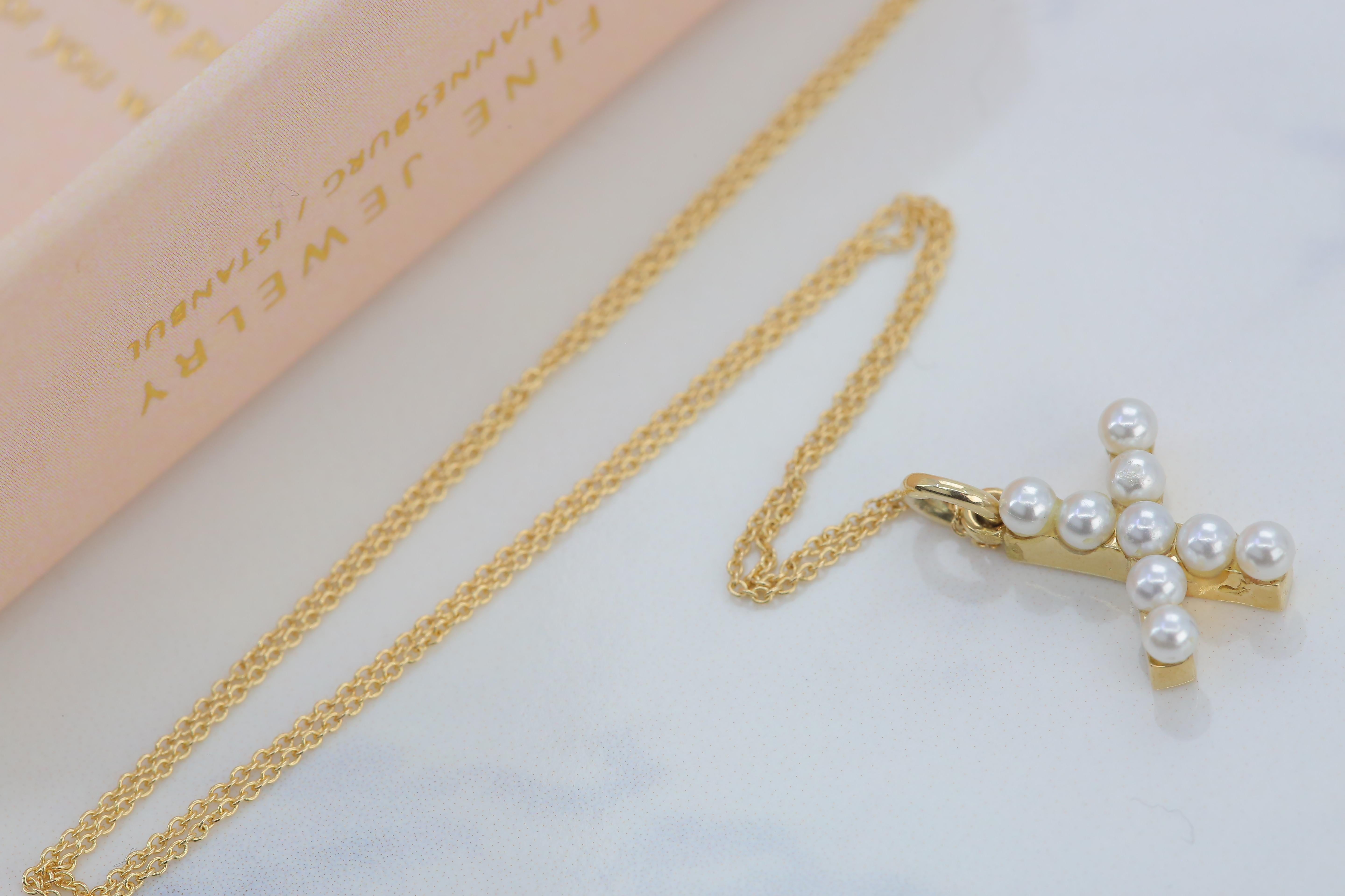 Modern 14K Gold and Pearl Initial Letter X Necklace For Sale
