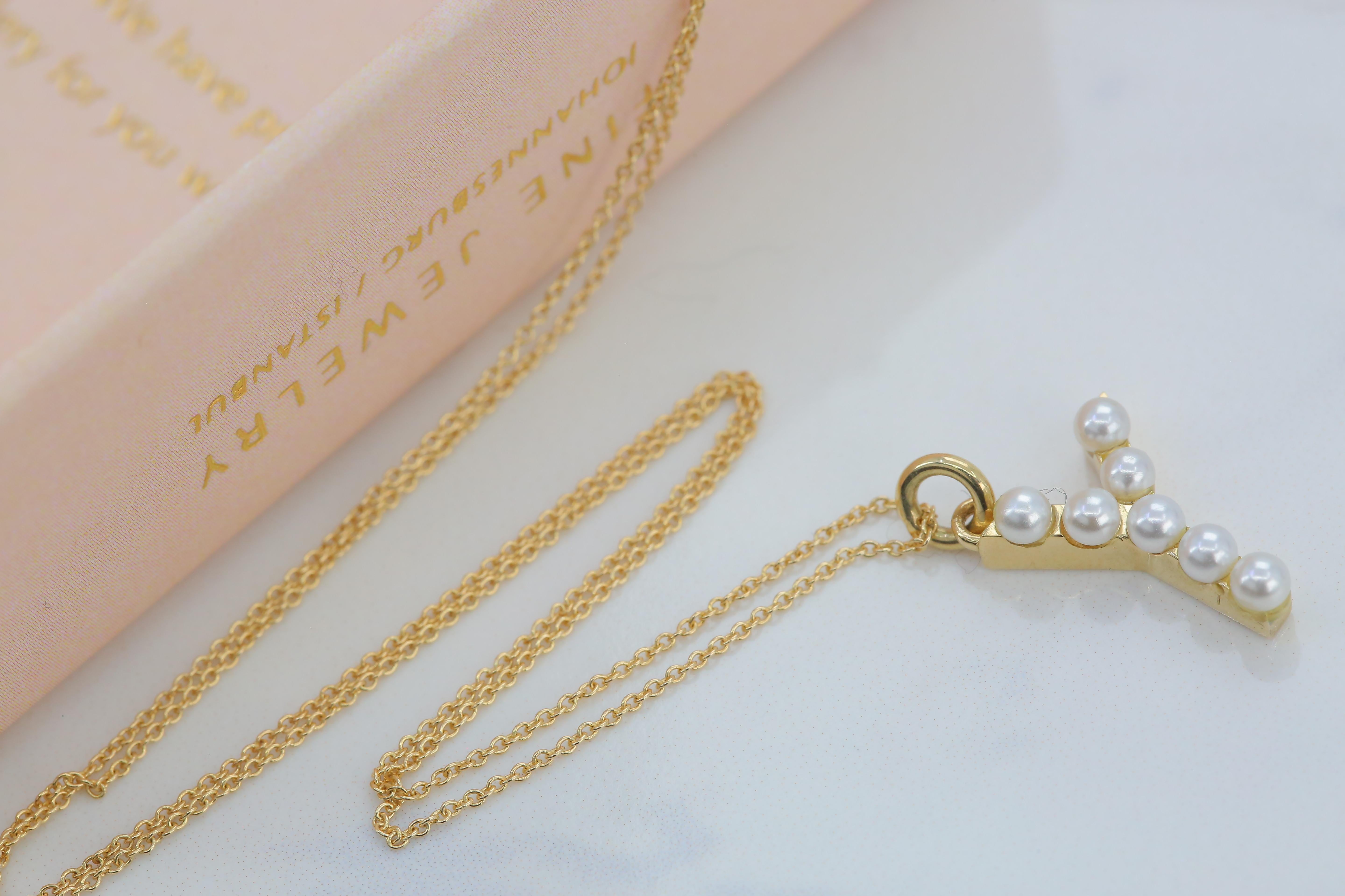 14K Gold und Perle Initial Buchstabe Y Halskette Damen im Angebot
