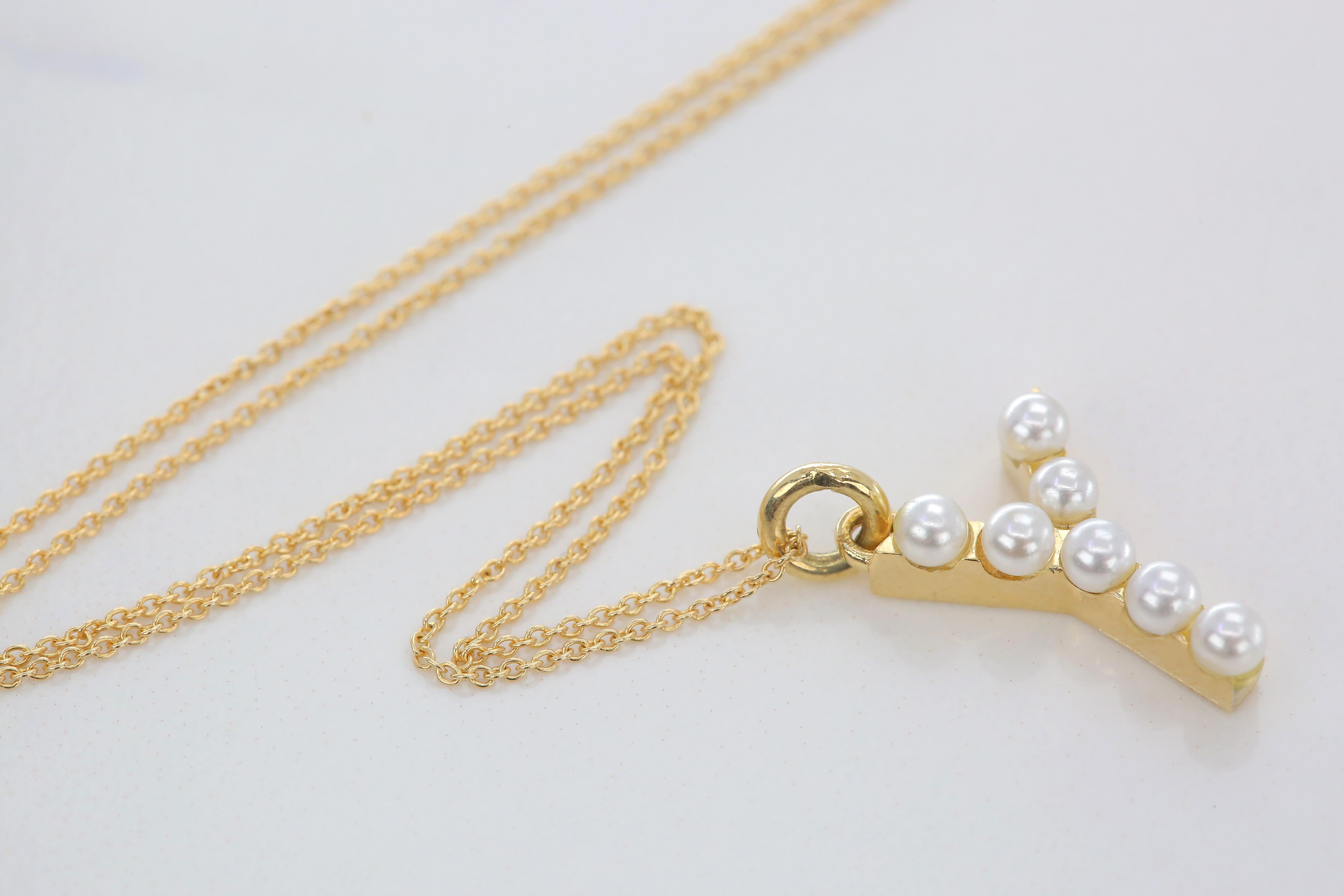 14K Gold und Perle Initial Buchstabe Y Halskette im Angebot 1
