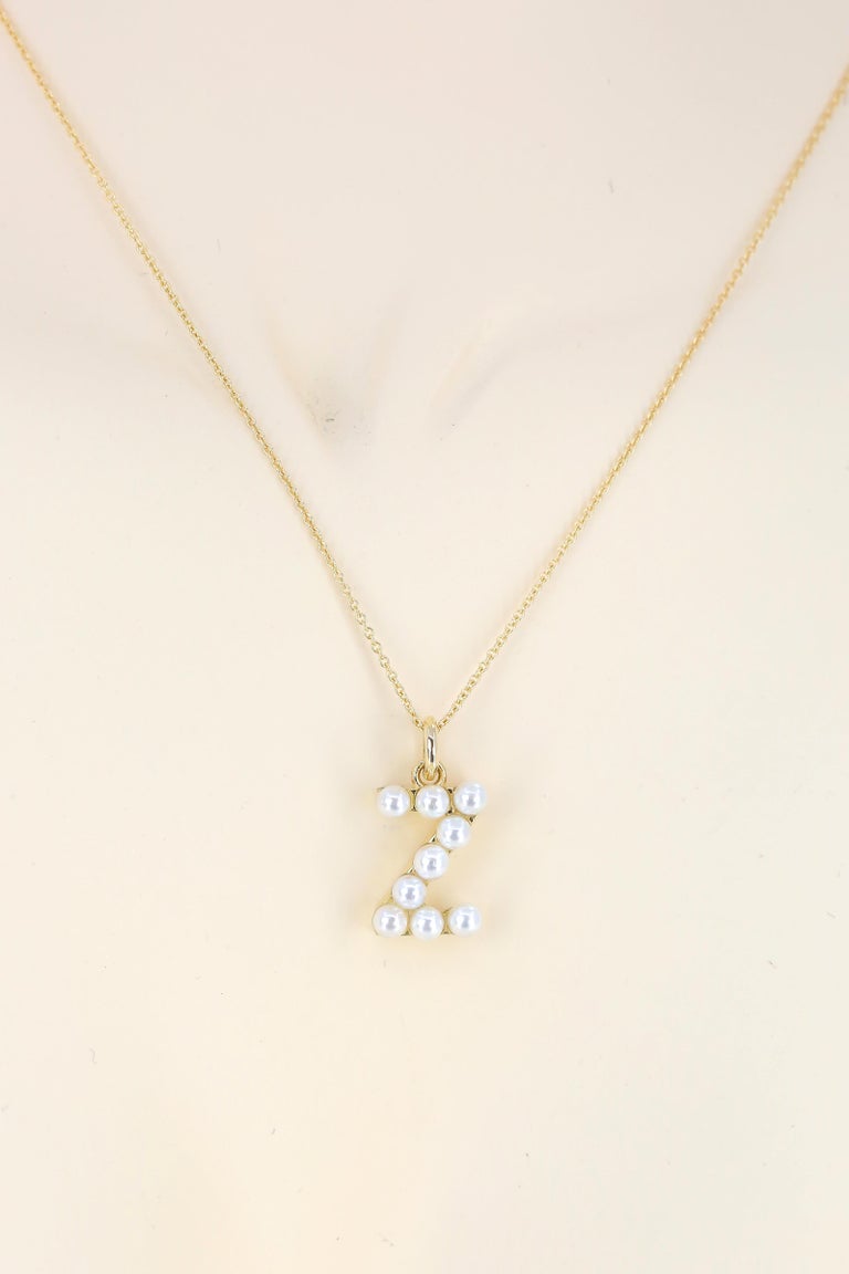 14K Gold and Pearl Initial Letter 'Z' Necklace For Sale at 1stDibs