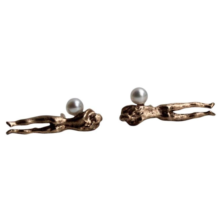 14k Gold and Pearl Muse Figure Earring Studs by Franny E For Sale