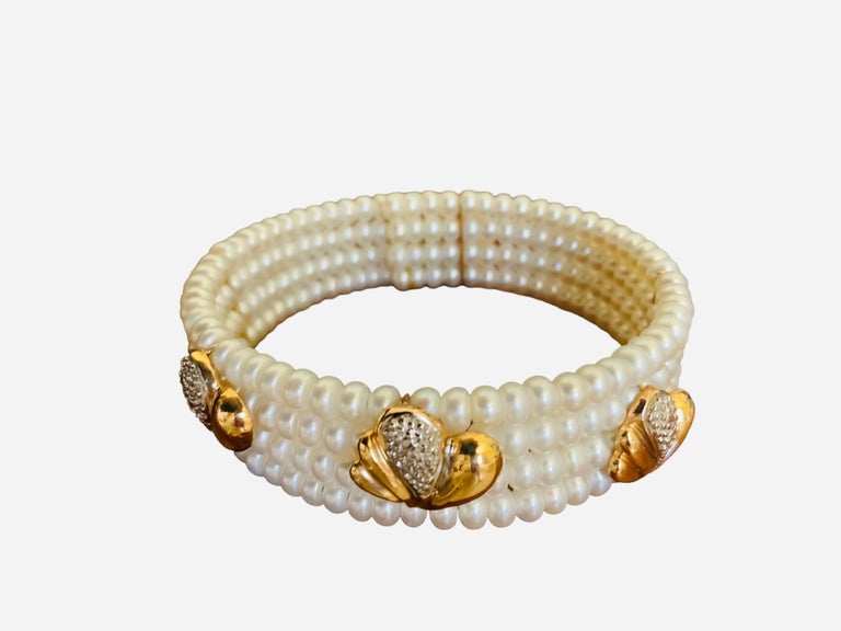 14k Gold and Pearls Set of Cuff Bracelet and Necklace For Sale at 1stDibs