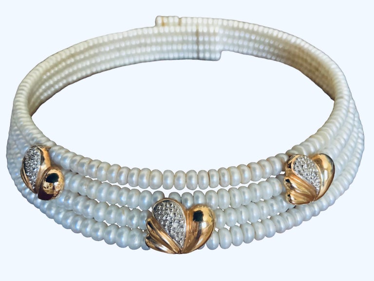 14k Gold and Pearls Set of Cuff Bracelet and Necklace For Sale at 1stDibs