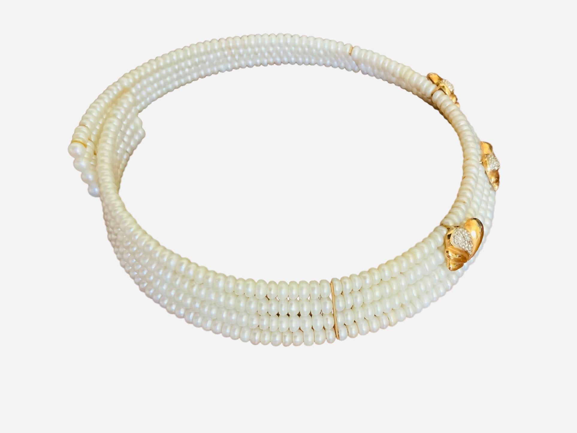 Round Cut 14k Gold and Pearls Set of Cuff Bracelet & Necklace