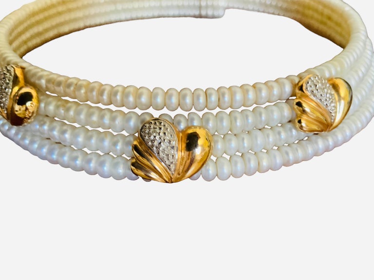 14k Gold and Pearls Set of Cuff Bracelet and Necklace For Sale at 1stDibs