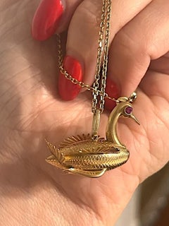 14k Gold and Ruby Eye Highly Detailed Swan Bird Charm