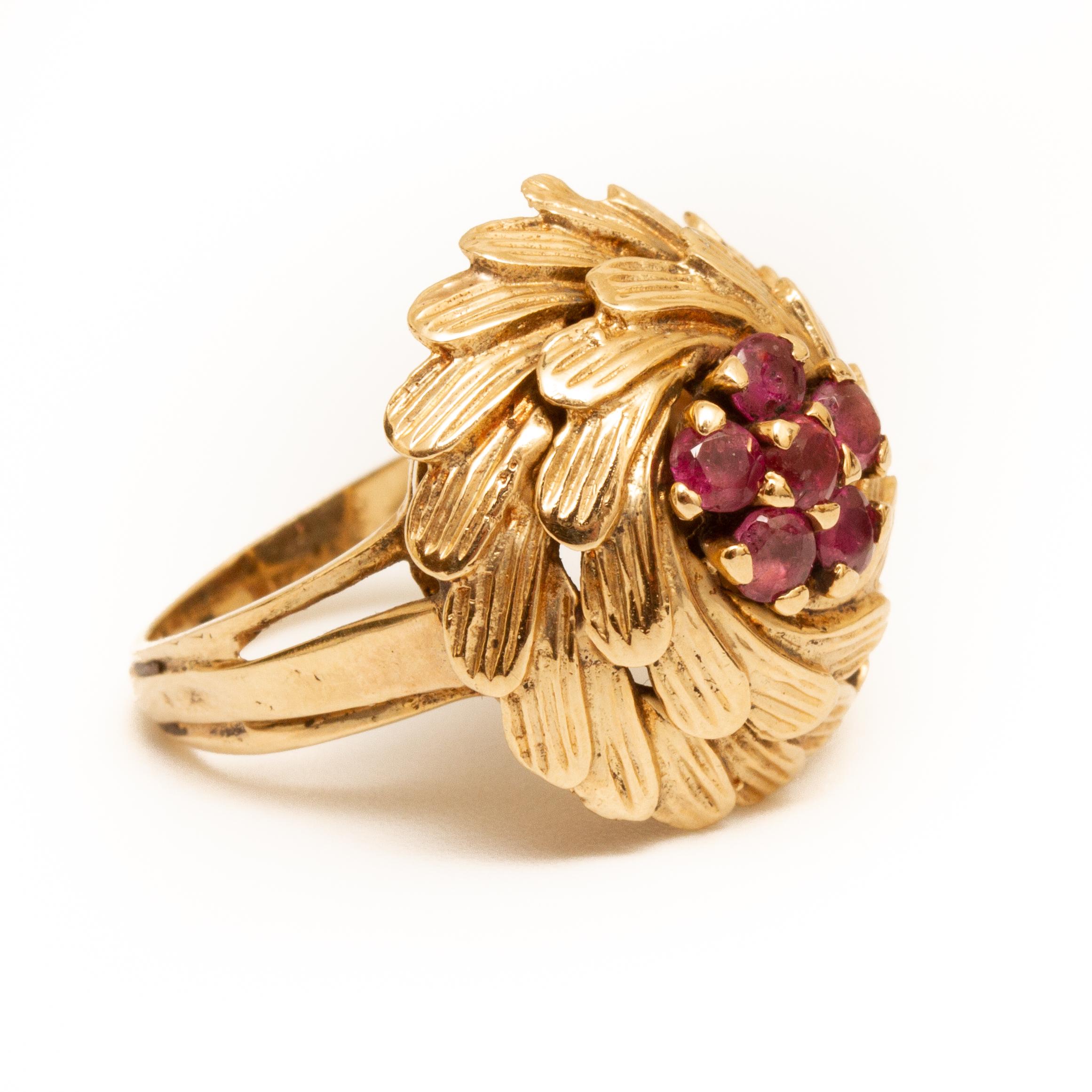 14k gold ring mounted with rubies size approx. 6. Ring has retainer guard and weighs approx. 3.5 dwt. From the Broussard estate noted jewelry collection Park Avenue New York