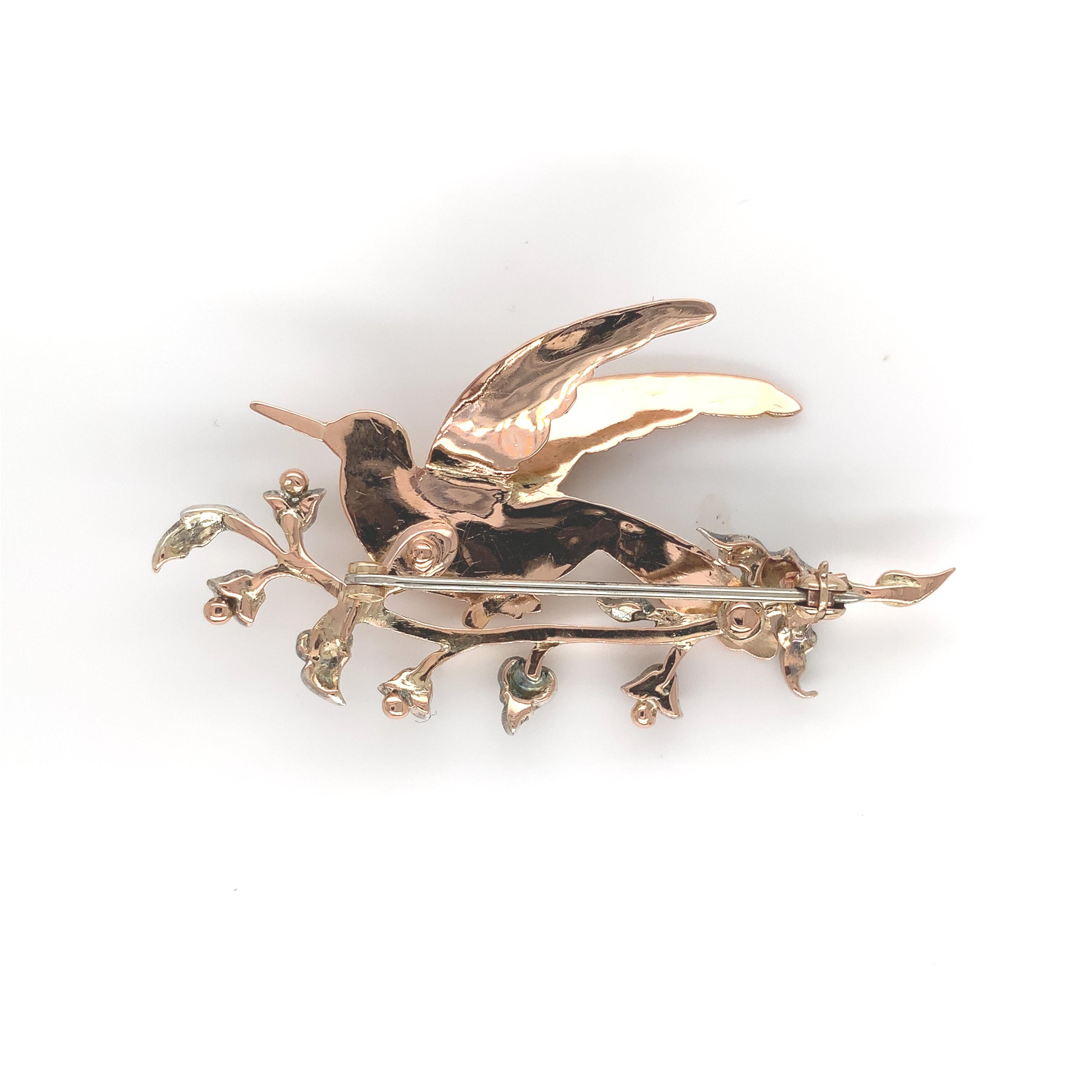 Rose Cut 14K Gold and Silver Antique Bird Pin Brooch with Diamonds