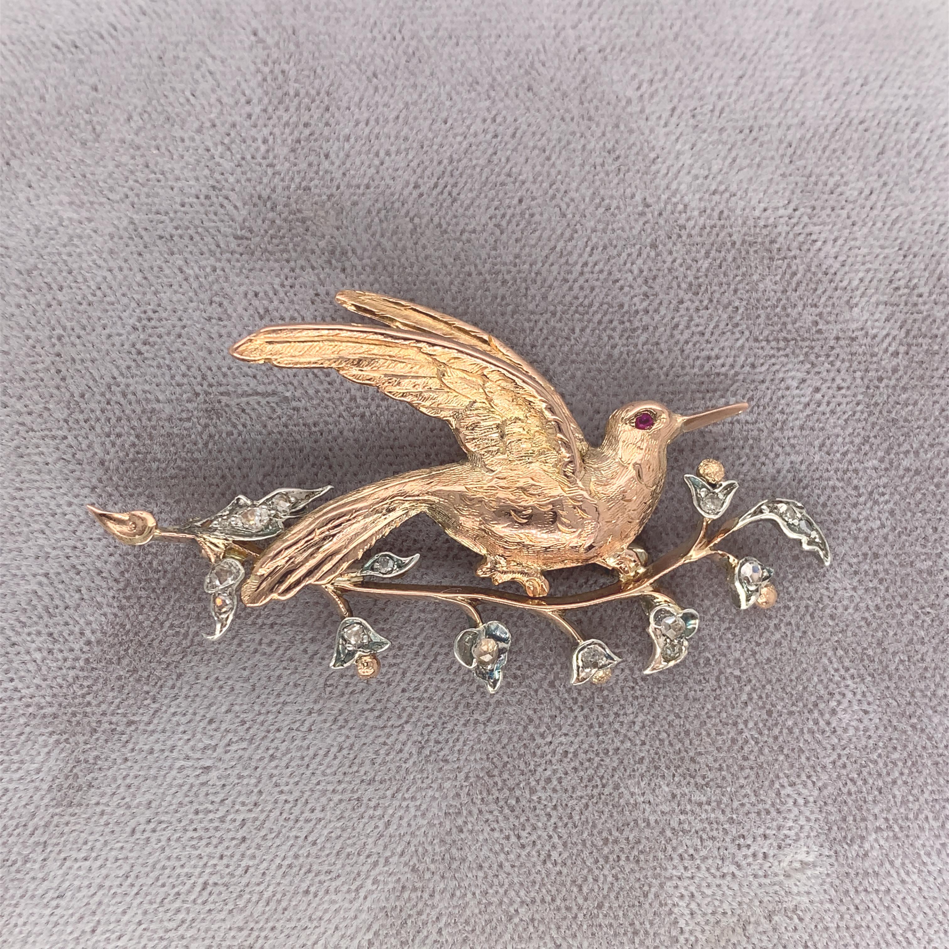 14K Gold and Silver Antique Bird Pin Brooch with Diamonds In Good Condition In Big Bend, WI