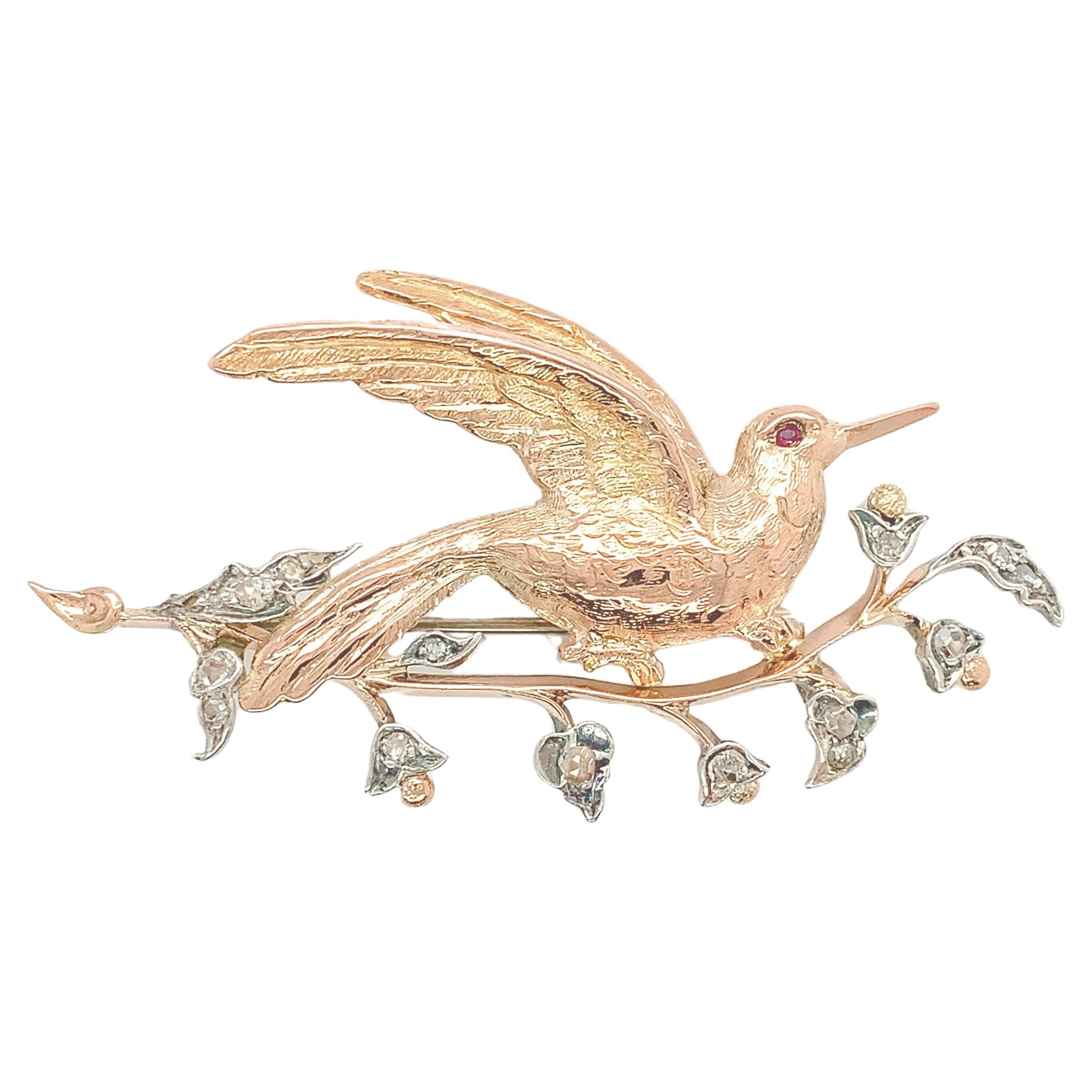 14K Gold and Silver Antique Bird Pin Brooch with Diamonds