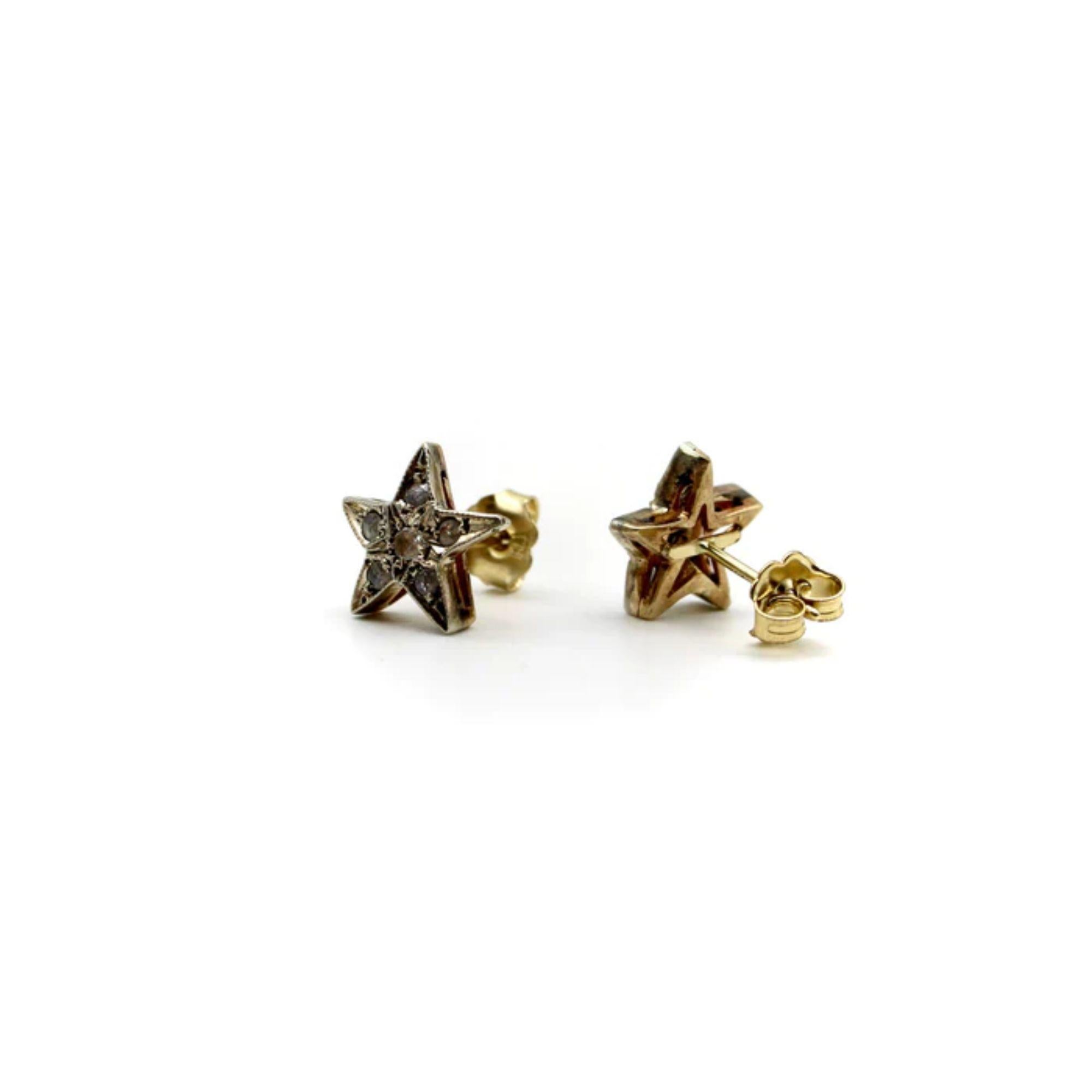 14K Gold and Silver Rose Cut Diamond Star Earrings, circa 1970's or 1980's In Good Condition In Venice, CA