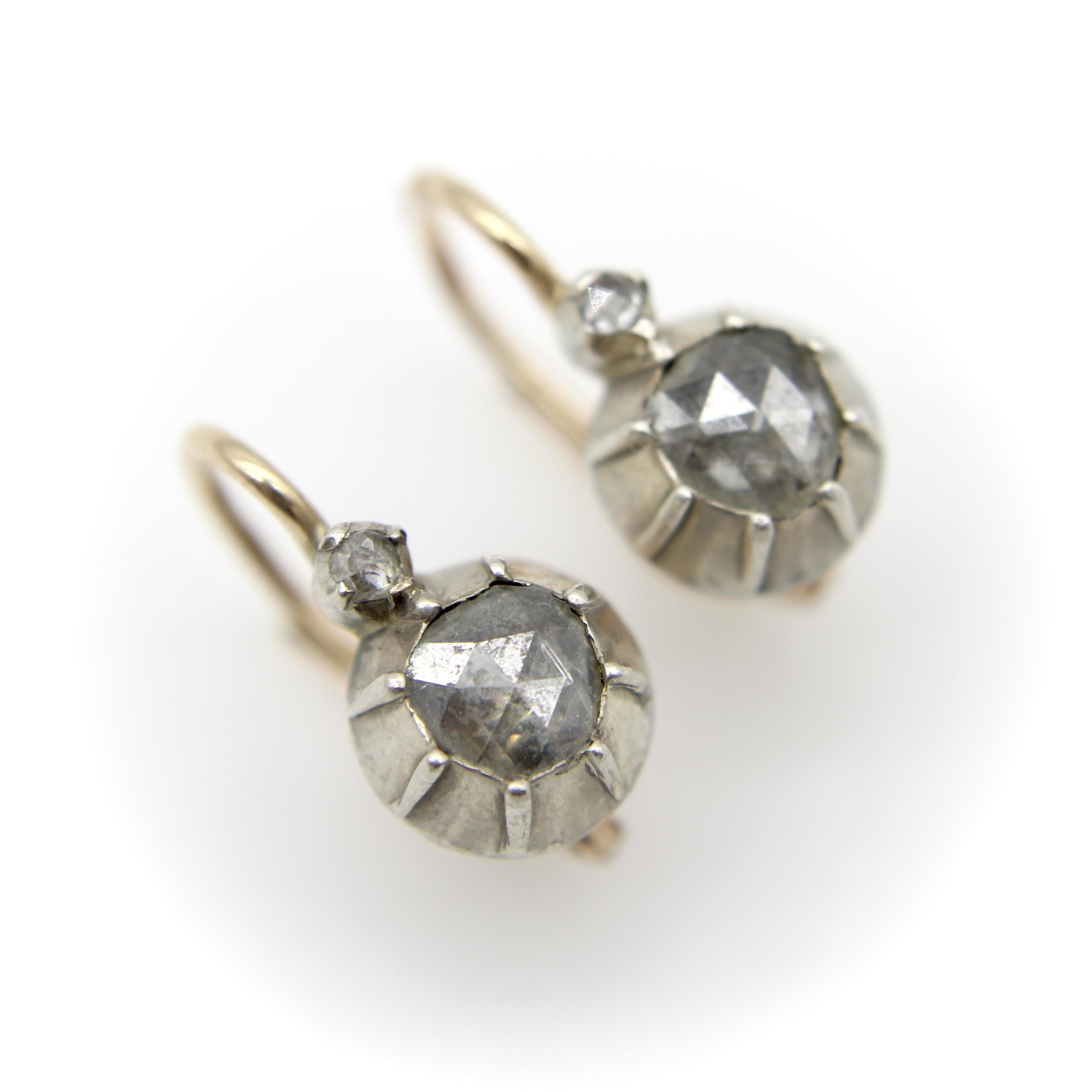 Victorien 14K Gold and Silver Victorian Rose Cut Diamond Collet Set Dormeuse Earrings en vente