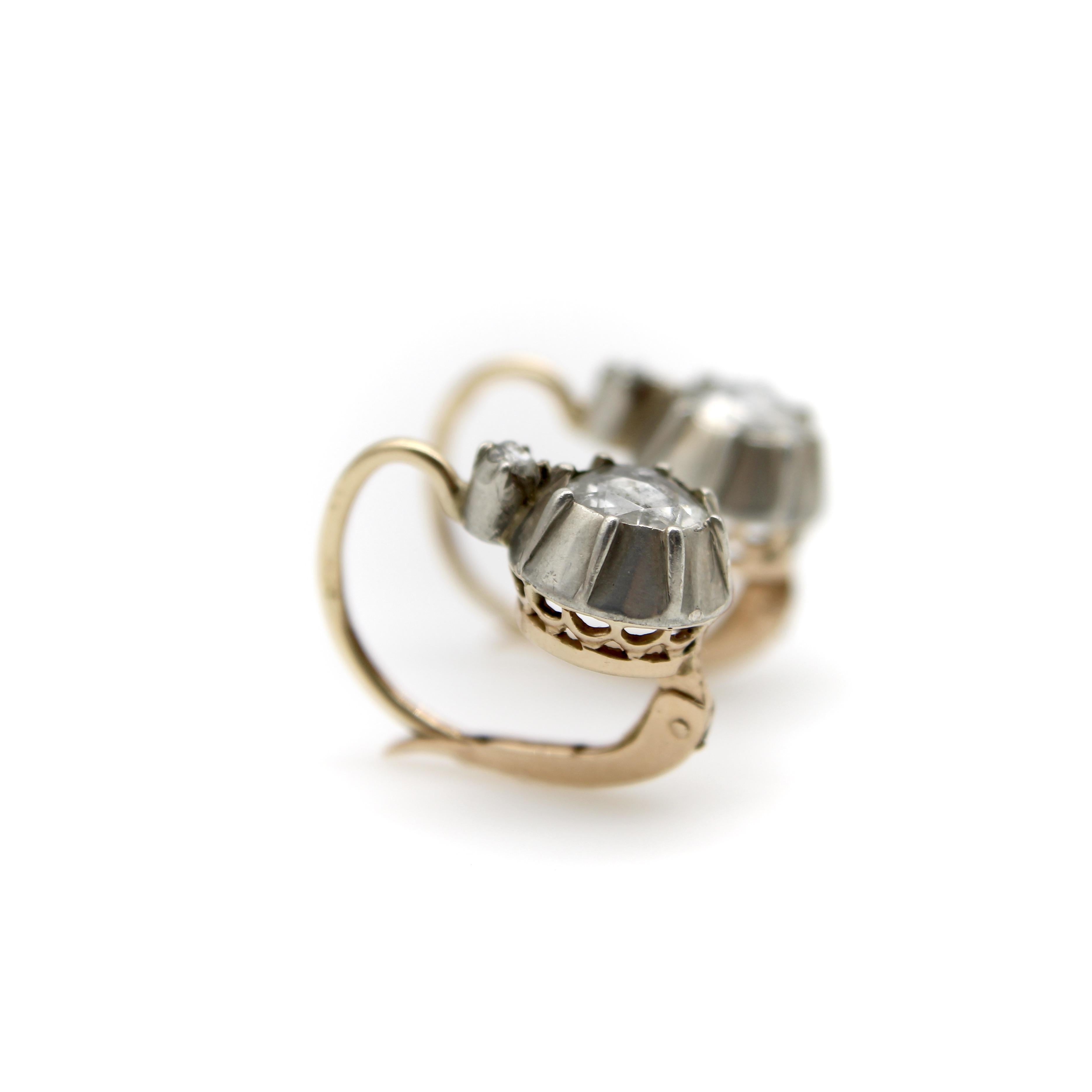14K Gold and Silver Victorian Rose Cut Diamond Collet Set Dormeuse Earrings Bon état - En vente à Venice, CA
