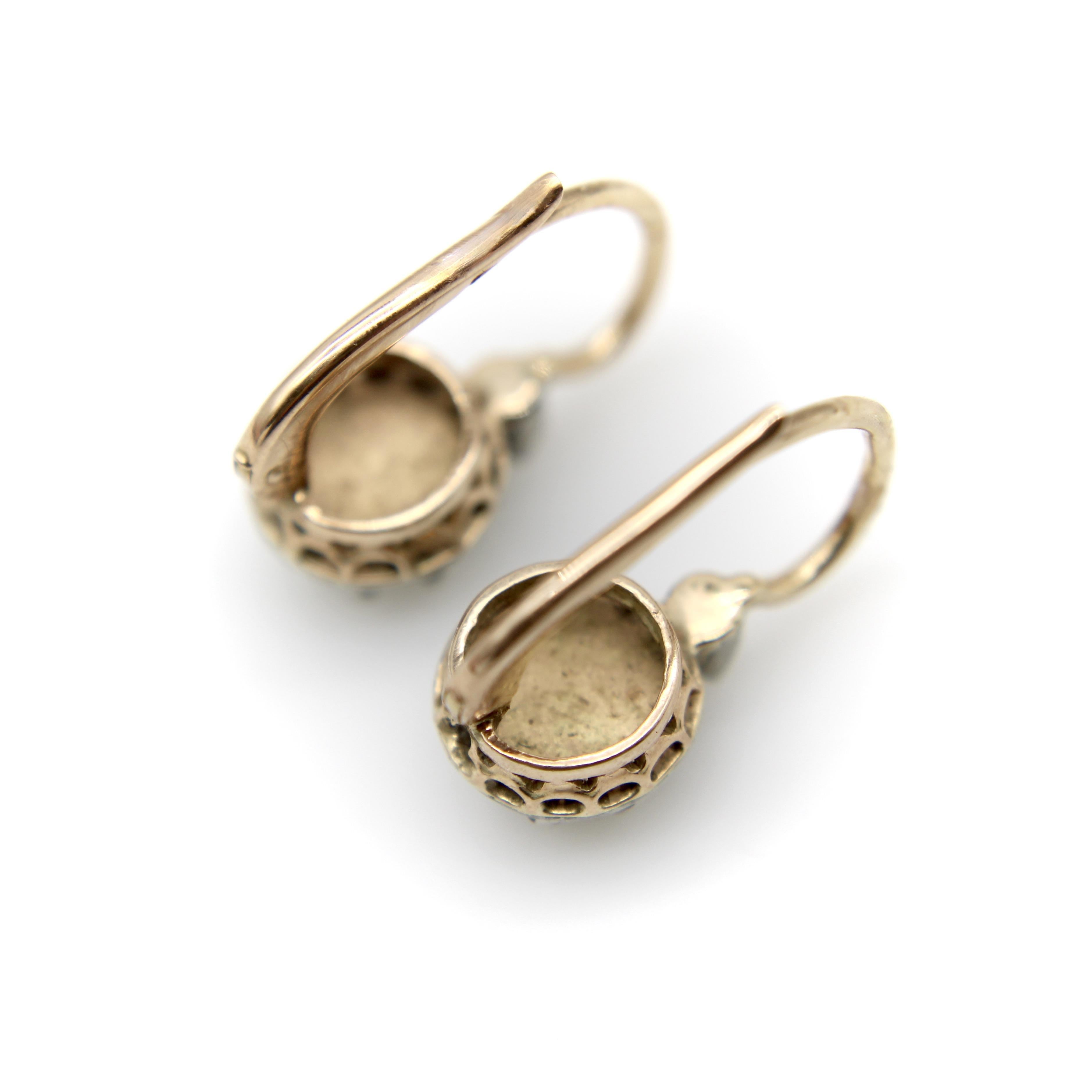 14K Gold and Silver Victorian Rose Cut Diamond Collet Set Dormeuse Earrings en vente 1