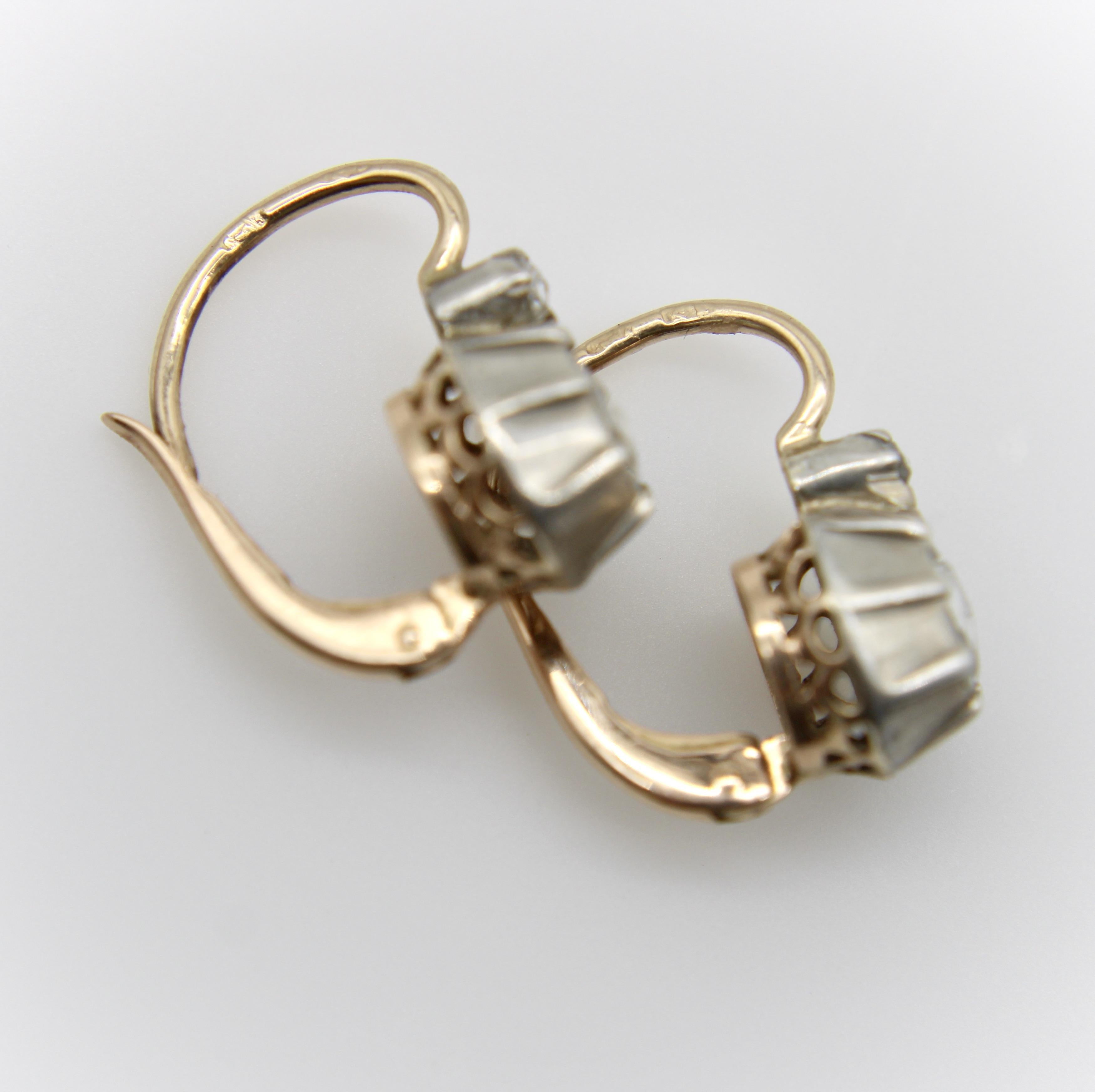 14K Gold and Silver Victorian Rose Cut Diamond Collet Set Dormeuse Earrings en vente 2