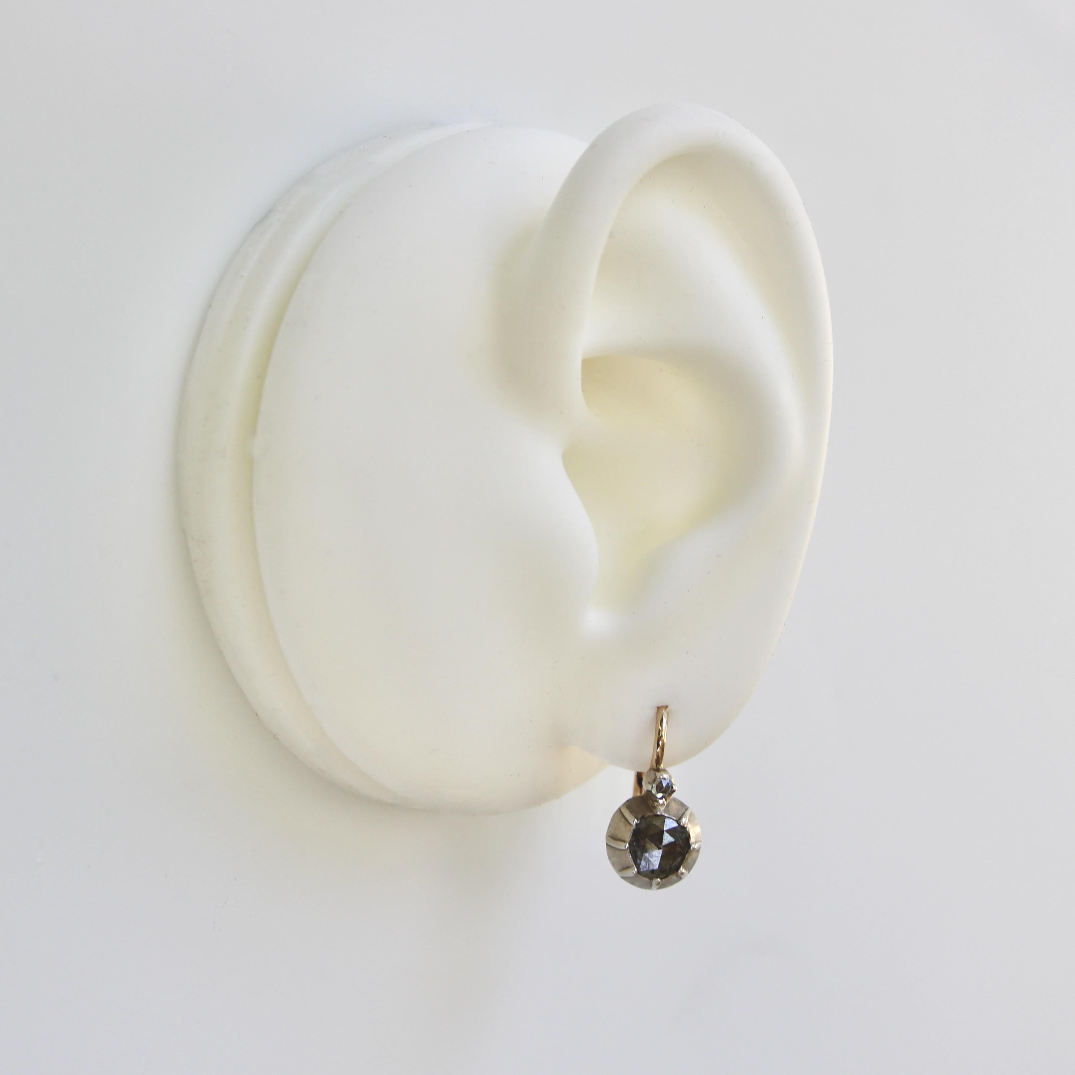 14K Gold and Silver Victorian Rose Cut Diamond Collet Set Dormeuse Earrings en vente 3