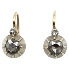 14K Gold and Silver Victorian Rose Cut Diamond Collet Set Dormeuse Earrings