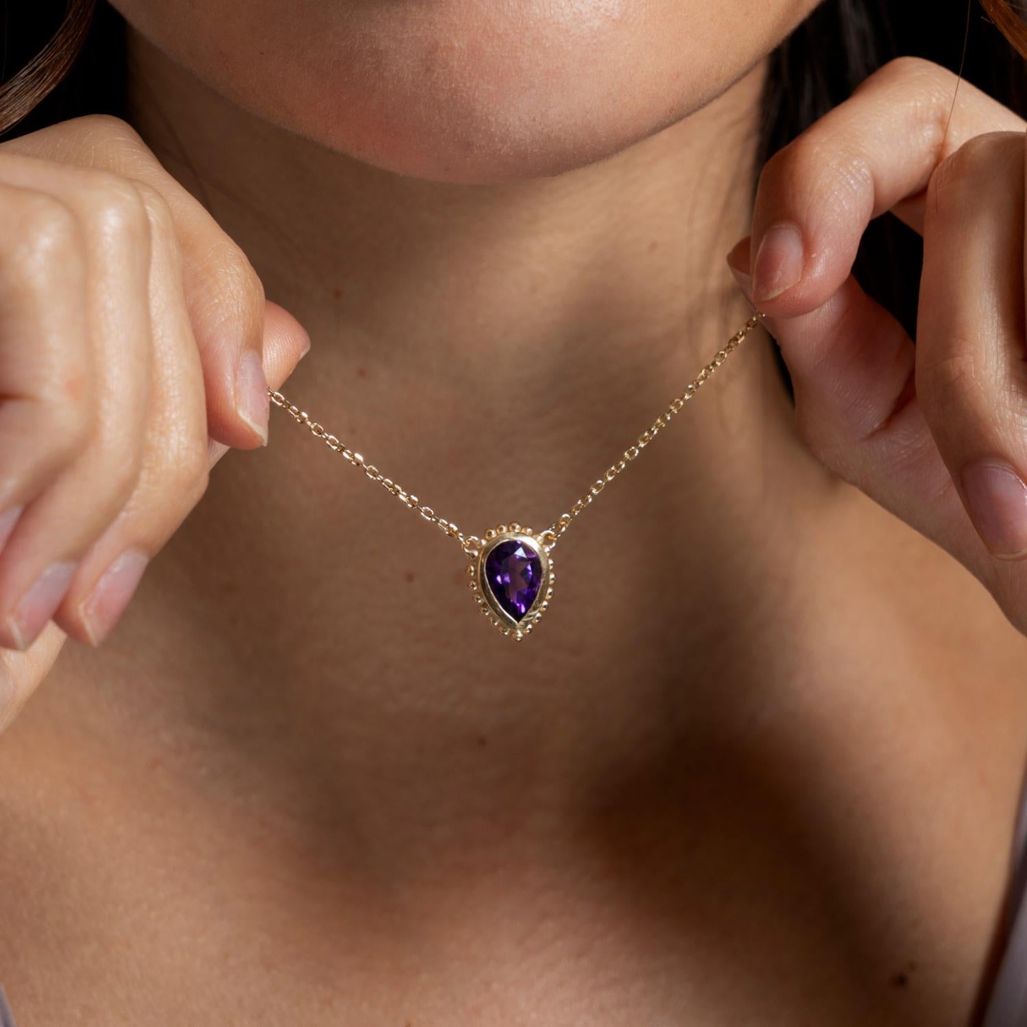 Pear Cut 14k Gold Anemone Large Teardrop Pendant with Amethyst For Sale