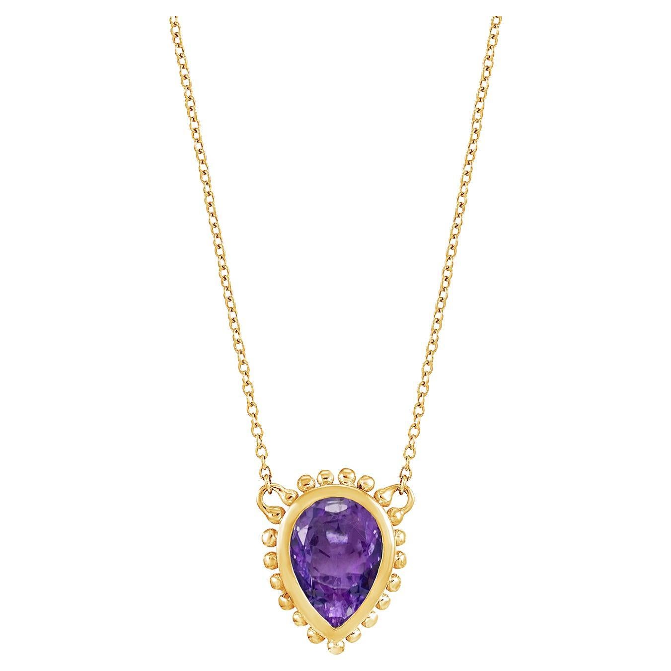 14k Gold Anemone Large Teardrop Pendant with Amethyst For Sale