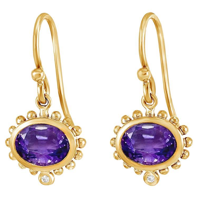 14k Gold Anemone Oval Drop Earrings with Amethyst & Diamond For Sale