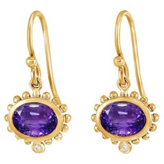 14k Gold Anemone Oval Drop Earrings with Amethyst & Diamond