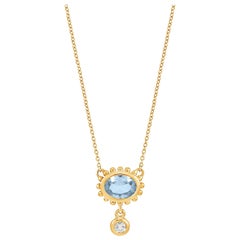 14k Gold Anemone Pendant with Blue Topaz & Diamond
