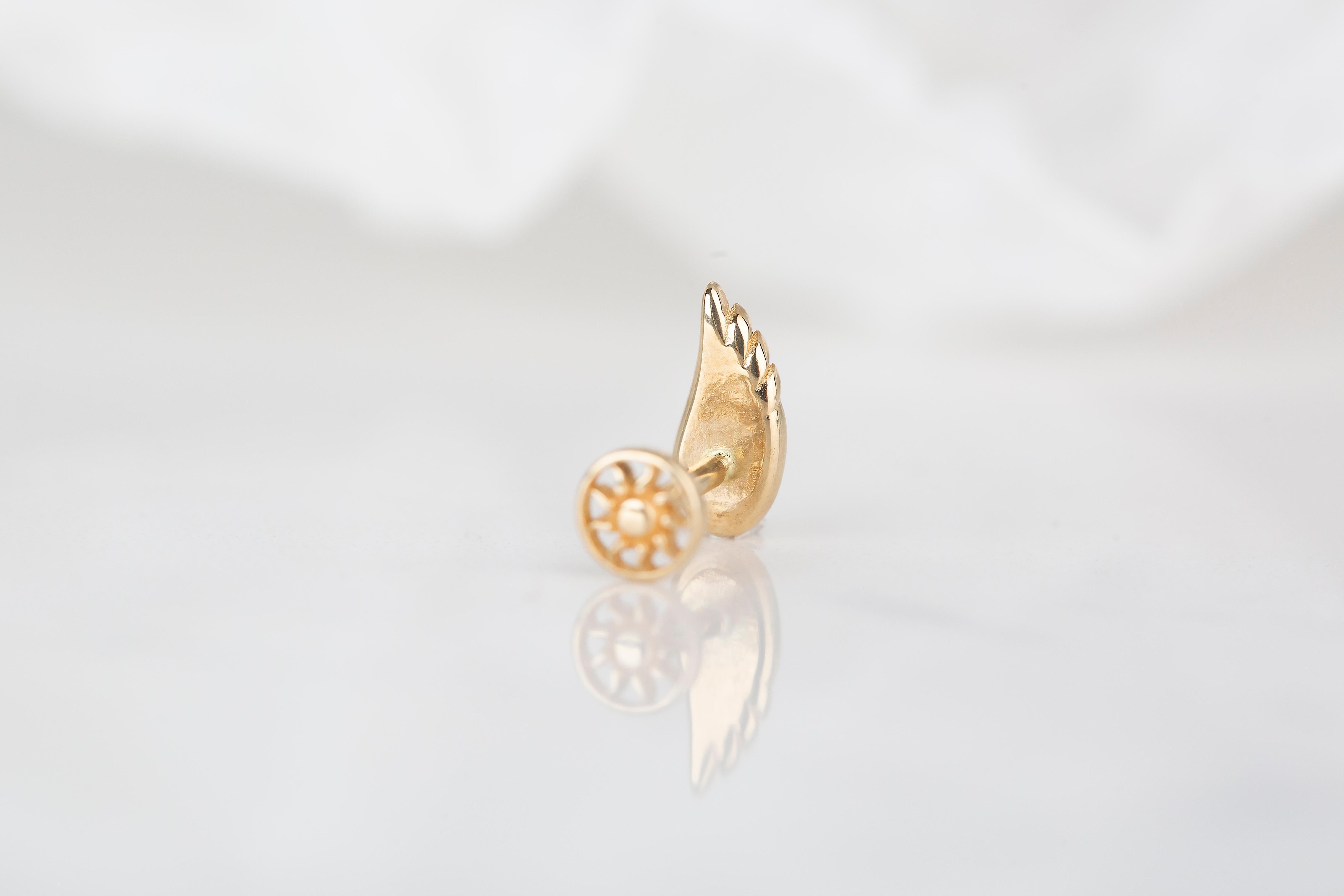 14K Gold Angel Wing Piercing, Wing Gold Stud Earring For Sale 2