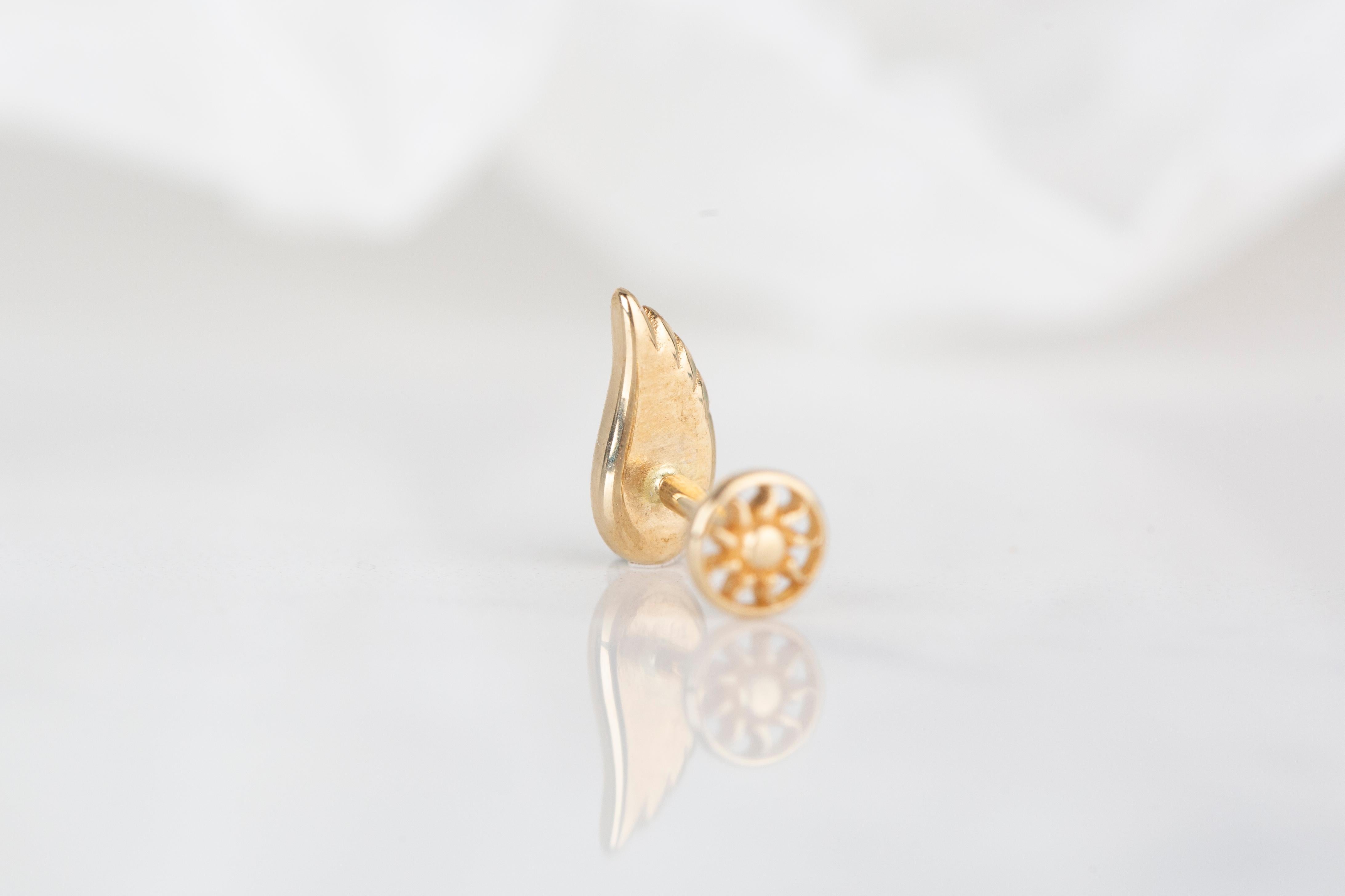 14K Gold Angel Wing Piercing, Wing Gold Stud Earring In New Condition For Sale In ISTANBUL, TR