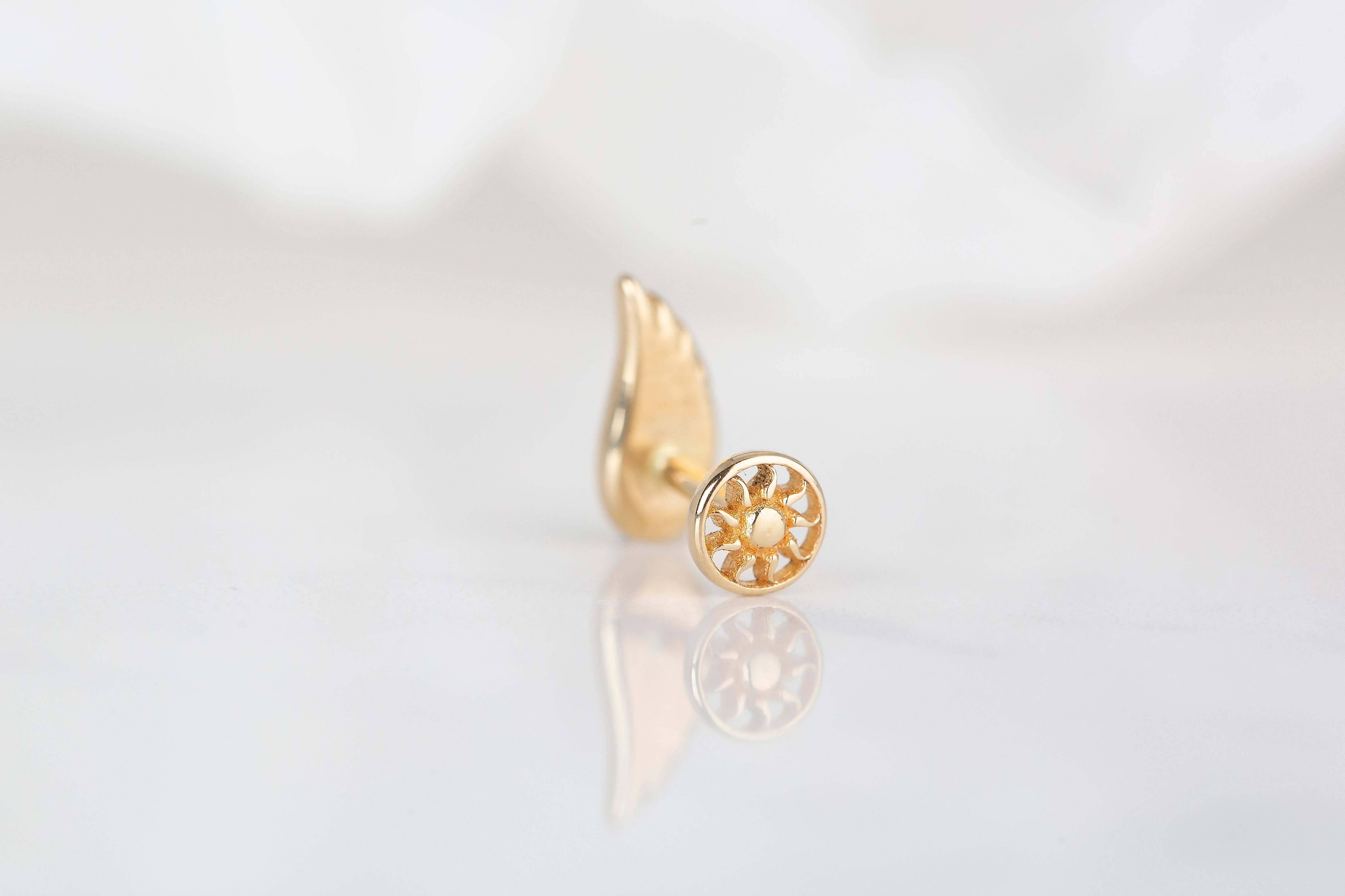 Women's 14K Gold Angel Wing Piercing, Wing Gold Stud Earring For Sale