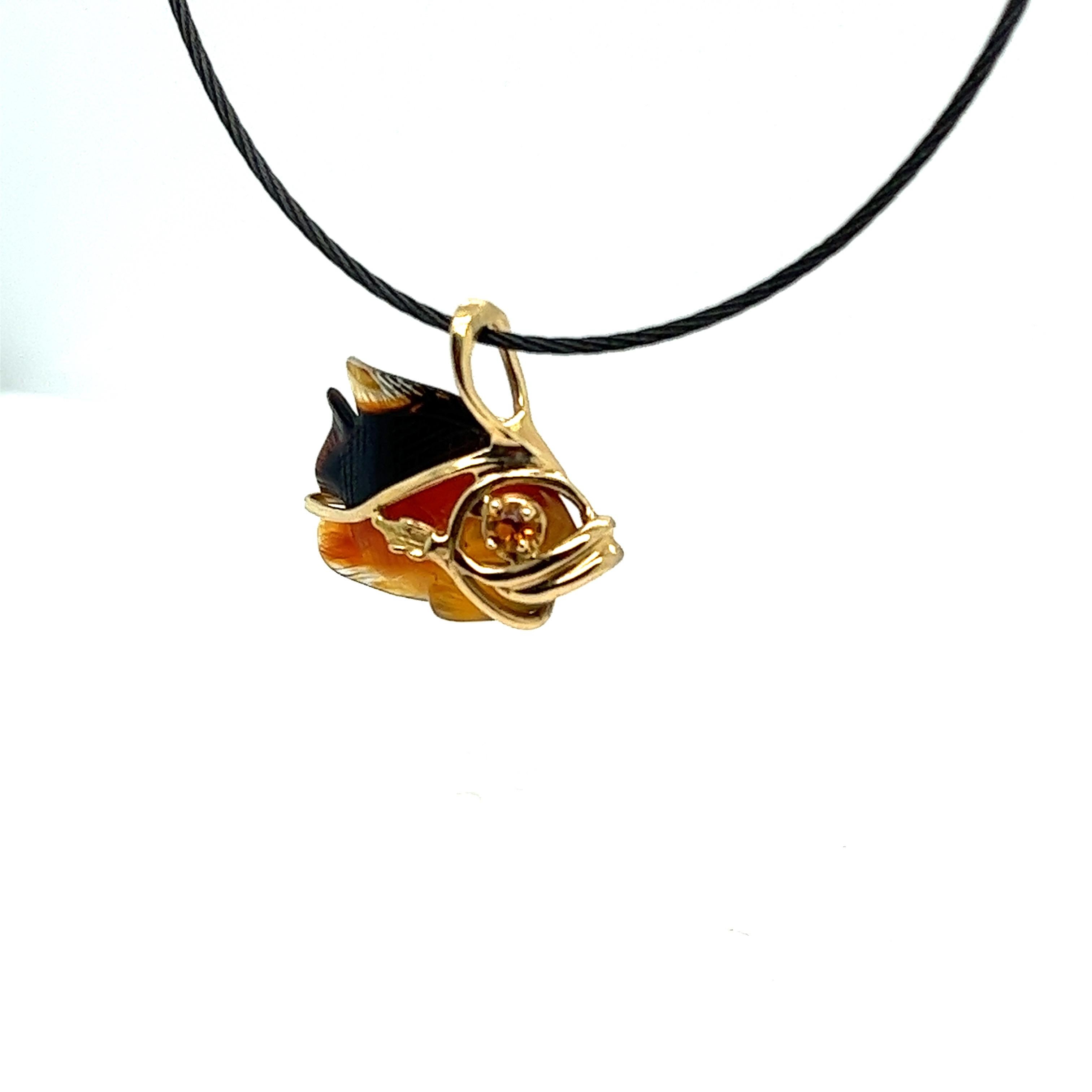 Contemporary 14K Gold Angelfish with Smokey Quarts and citrine on Black cord For Sale
