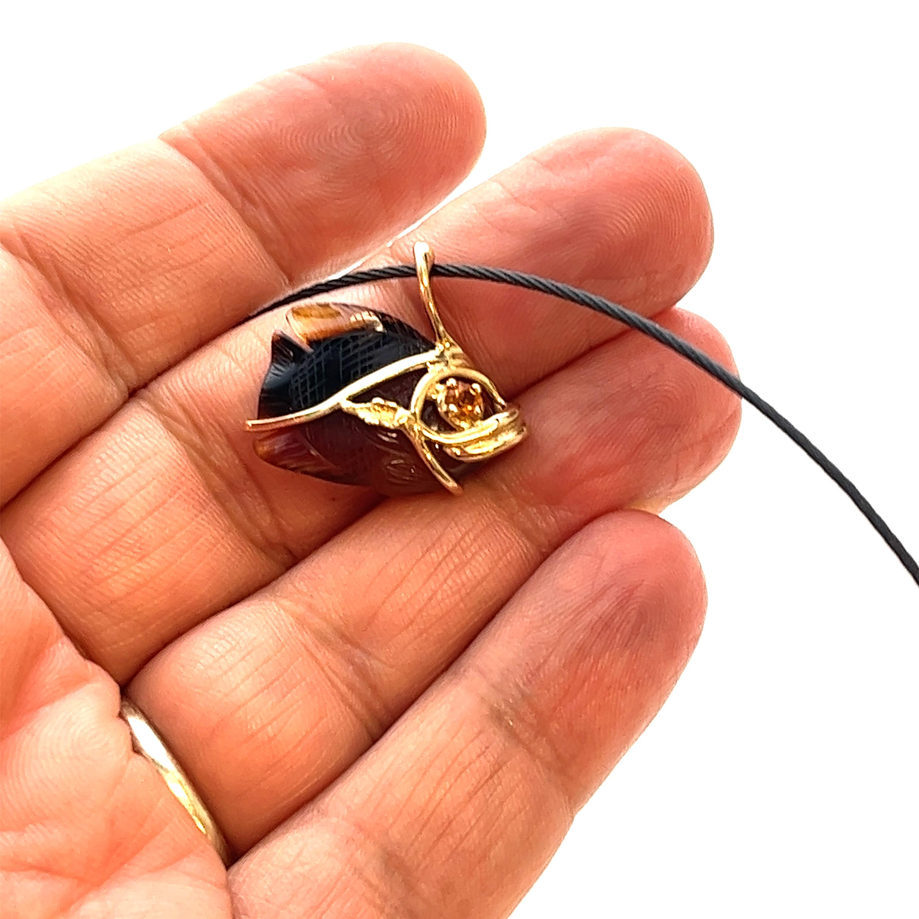 14K Gold Angelfish with Smokey Quarts and citrine on Black cord In Excellent Condition For Sale In Miami, FL