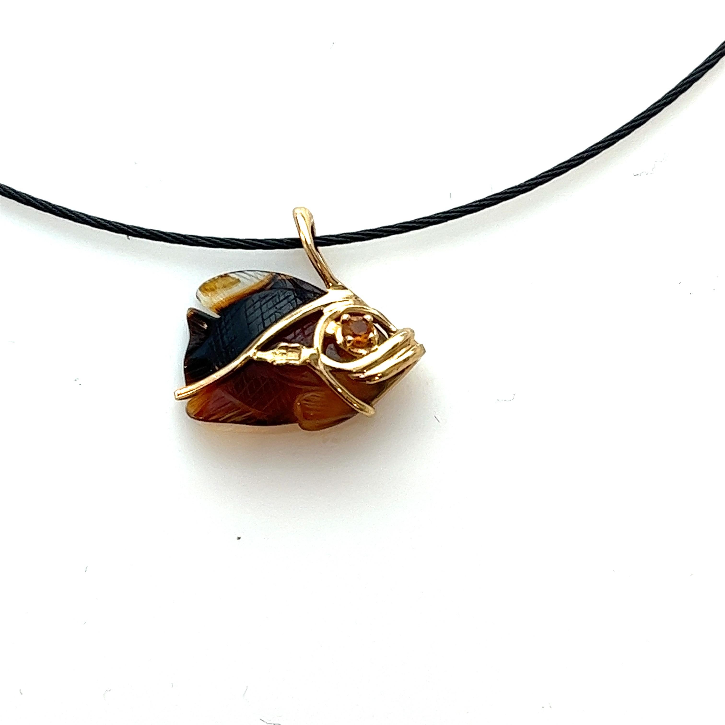 14K Gold Angelfish with Smokey Quarts and citrine on Black cord For Sale 1