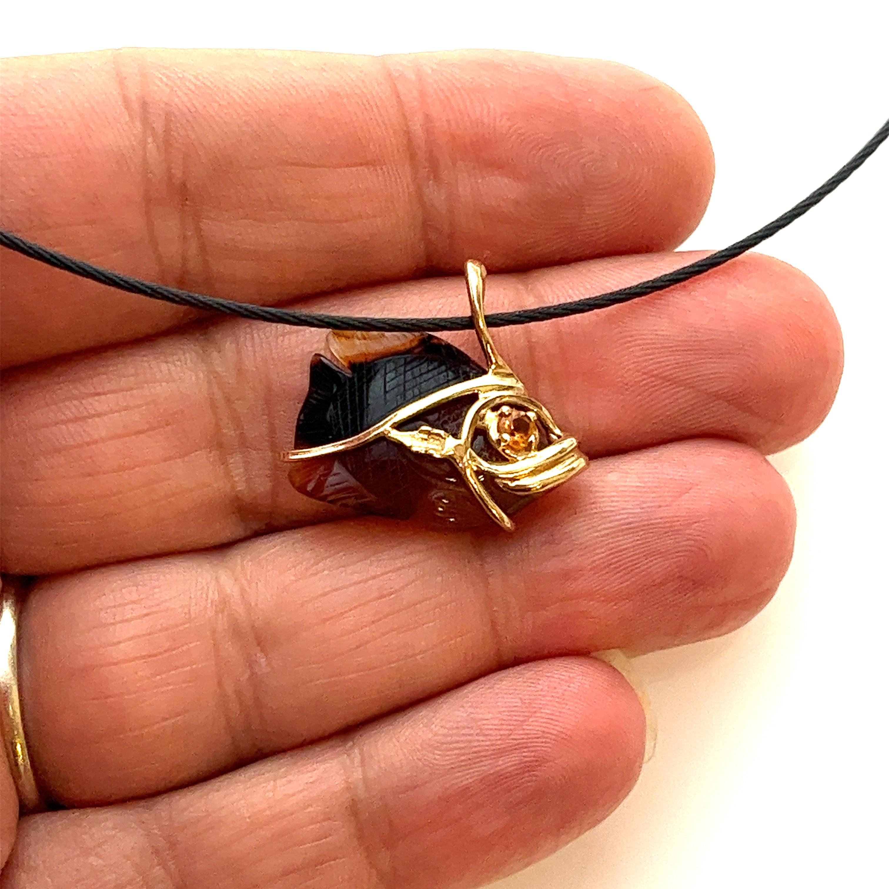 14K Gold Angelfish with Smokey Quarts and citrine on Black cord For Sale 3