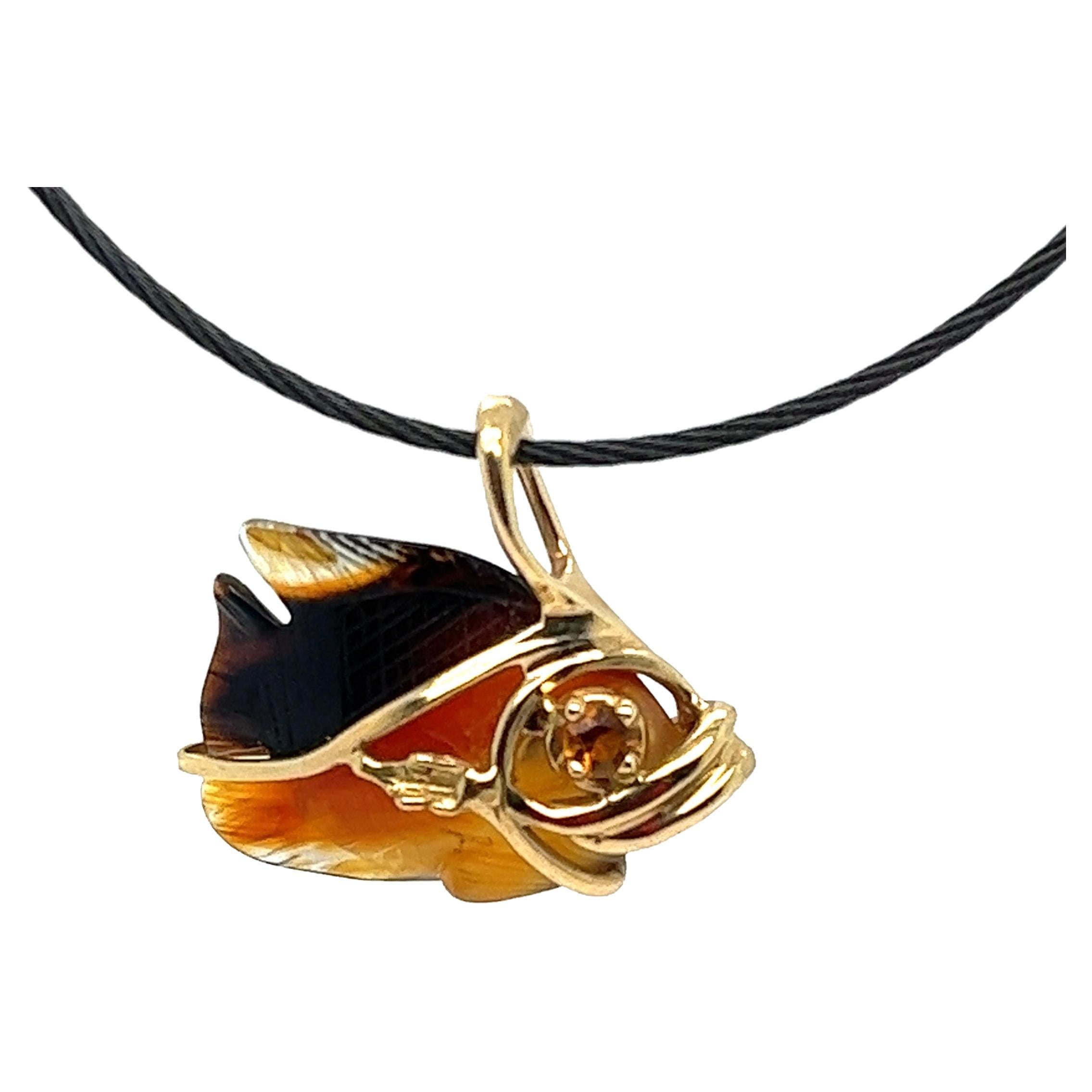 14K Gold Angelfish with Smokey Quarts and citrine on Black cord