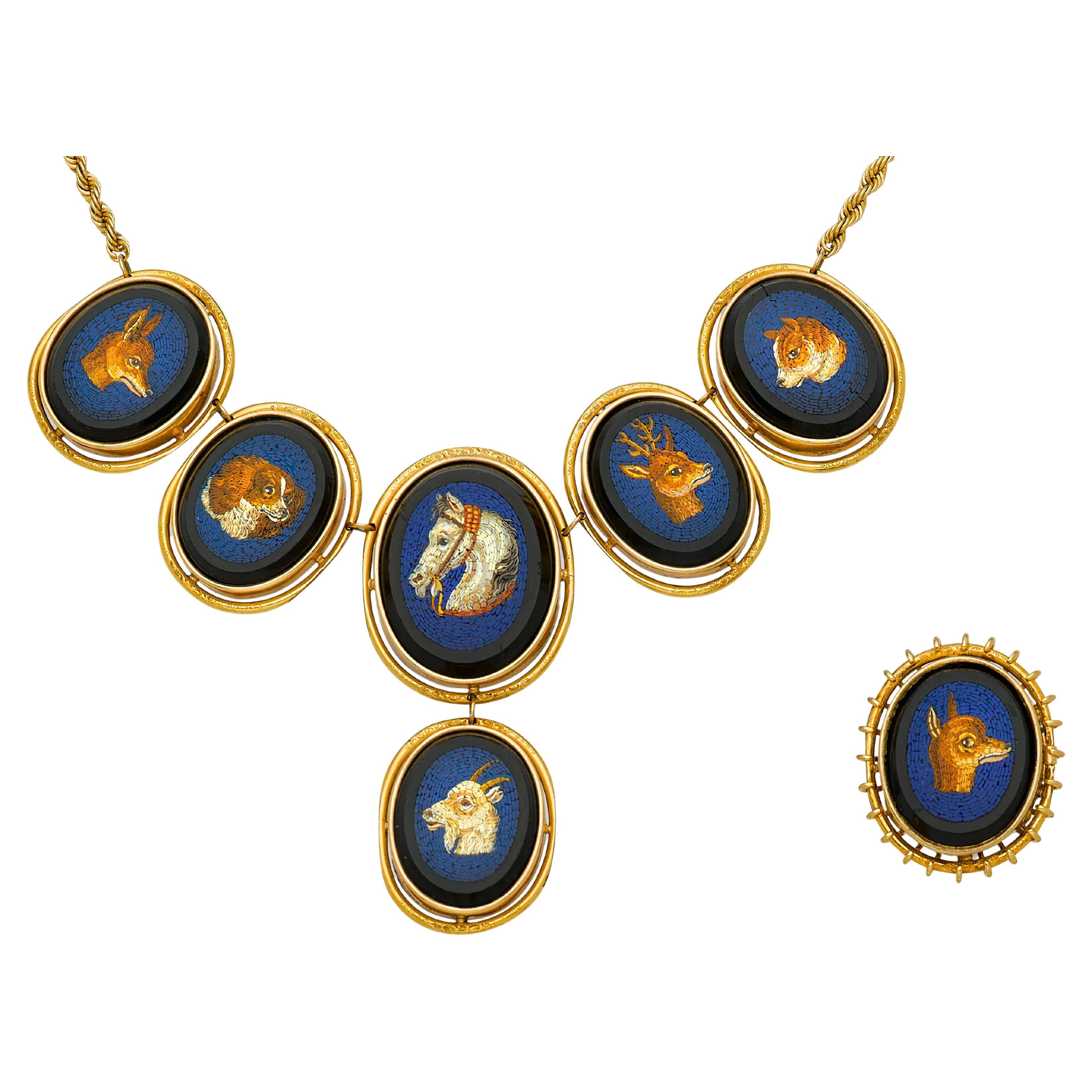 14k Gold Animal-Themed Micromosaic Jewelry Set, 16" Necklace & Ring Size 7.75 For Sale