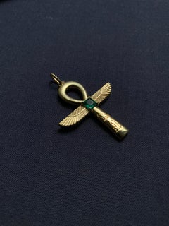 14K Gold Ankh Necklace with Emerald