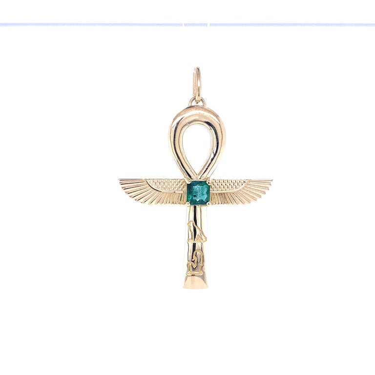 Emerald Cut 14K Gold Ankh Necklace with Emerald  For Sale