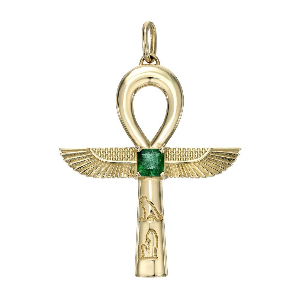 Egyptian Revival 14K Gold Ankh Necklace with Emerald  For Sale