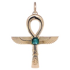 14K Gold Ankh Necklace with Emerald 