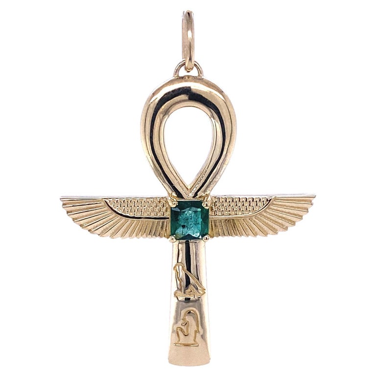 14K Gold Ankh Necklace with Emerald  For Sale