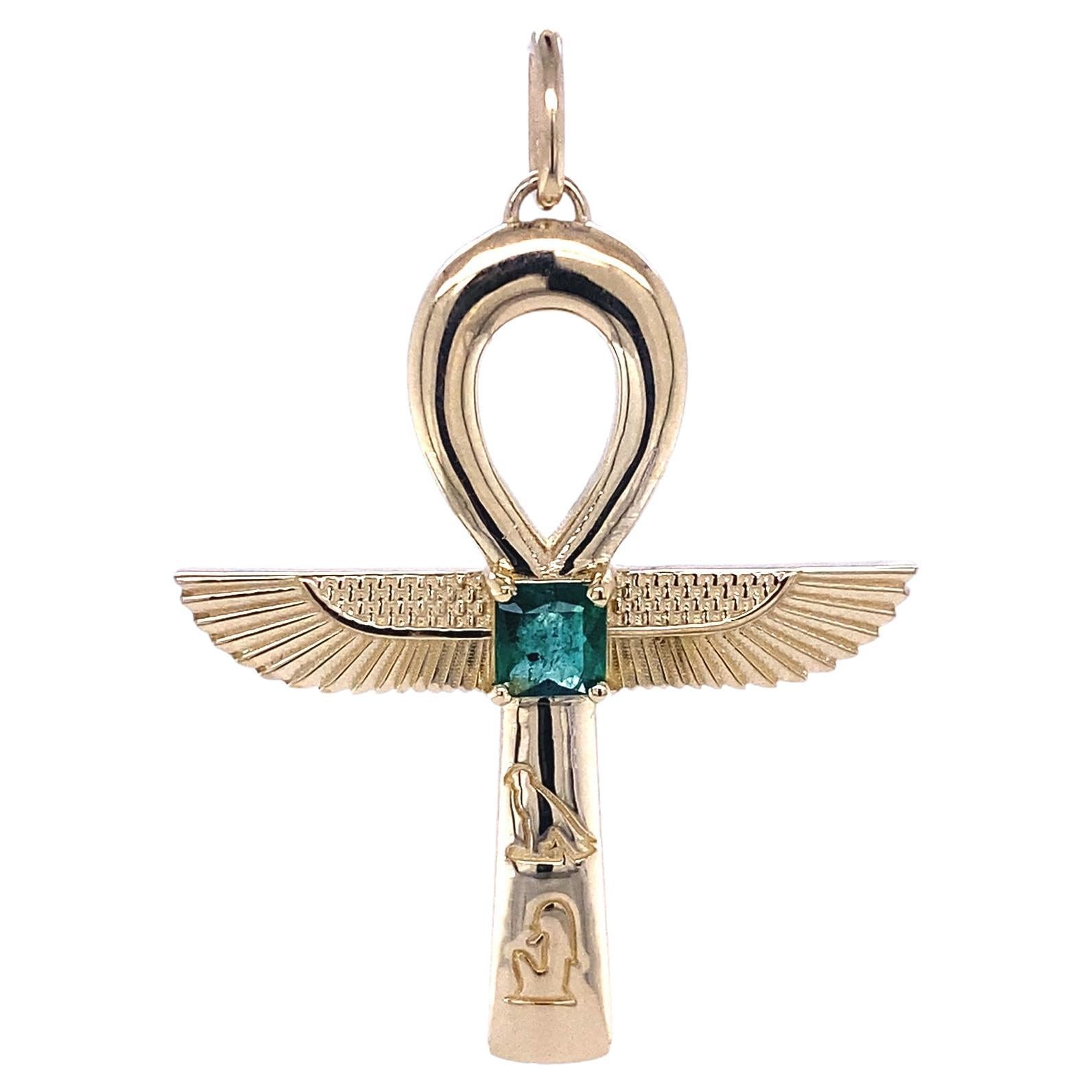 14K Gold Ankh Necklace with Emerald 