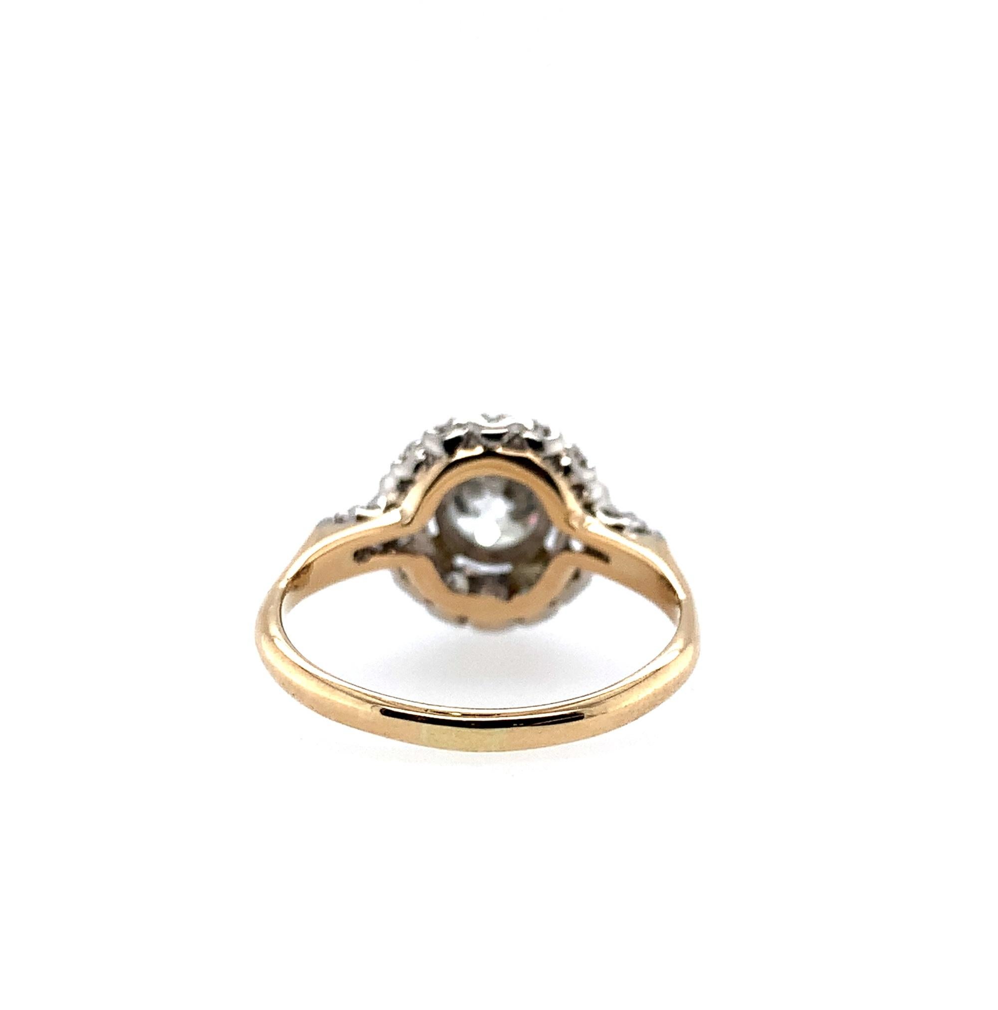 Old European Cut 14K Gold Antique 1.15 carat Diamond Halo Ring For Sale