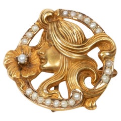 14K Gold Antique Art Nouveau Style Brooch Flowy Hair Girl with Seed Pearls 5.16g