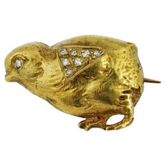 14K Gold Vintage Diamonds Chicken Jewelry Brooch